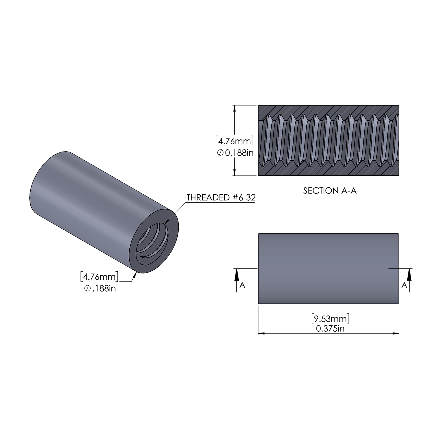 Aluminum Standoff 3/16'' OD x 6-32 Thread x 3/8'' Long, Plain Aluminum Finish