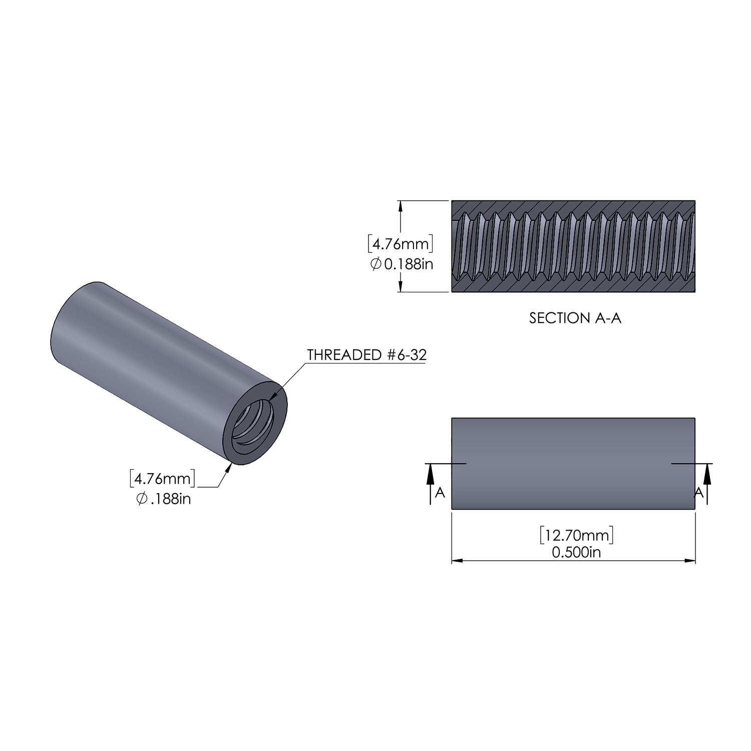 Aluminum Standoff 3/16'' OD x 6-32 Thread x 1/2'' Long, Plain Aluminum Finish
