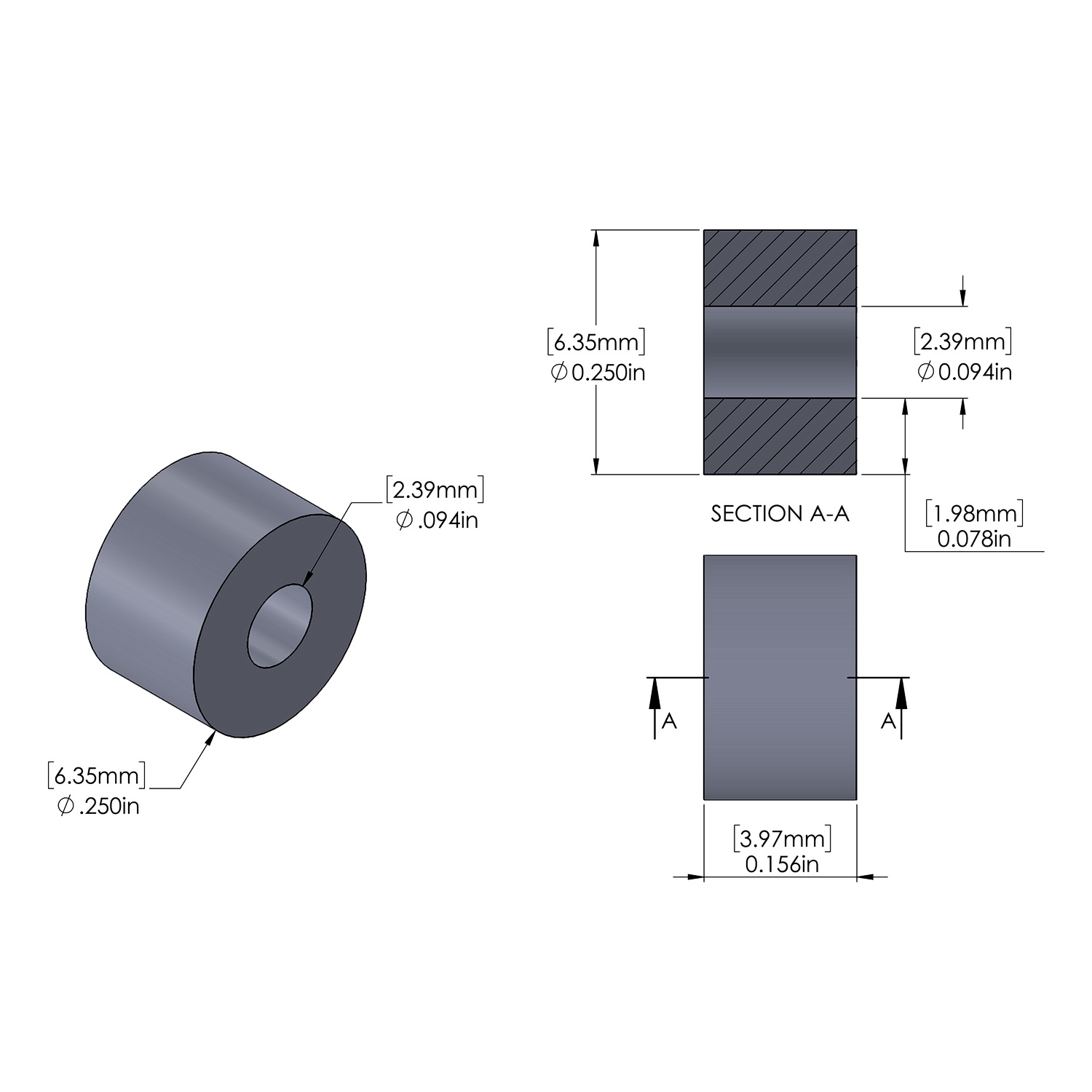 Aluminum Spacer 1/4'' OD x .094'' ID x 5/32'' Long, Plain Aluminum Finish