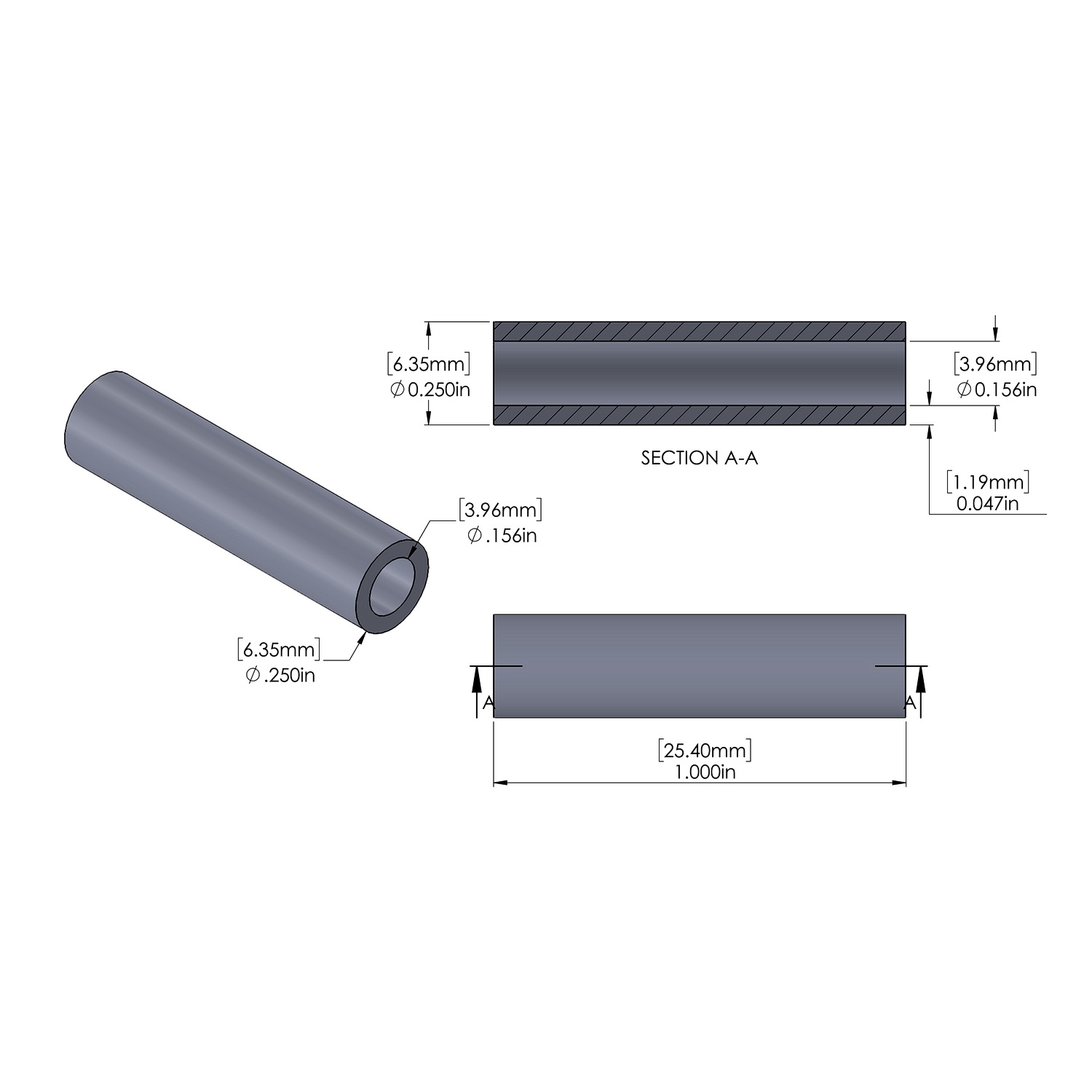 Aluminum Spacer 1/4'' OD x .156'' ID x 1.000'' Long, Plain Aluminum Finish
