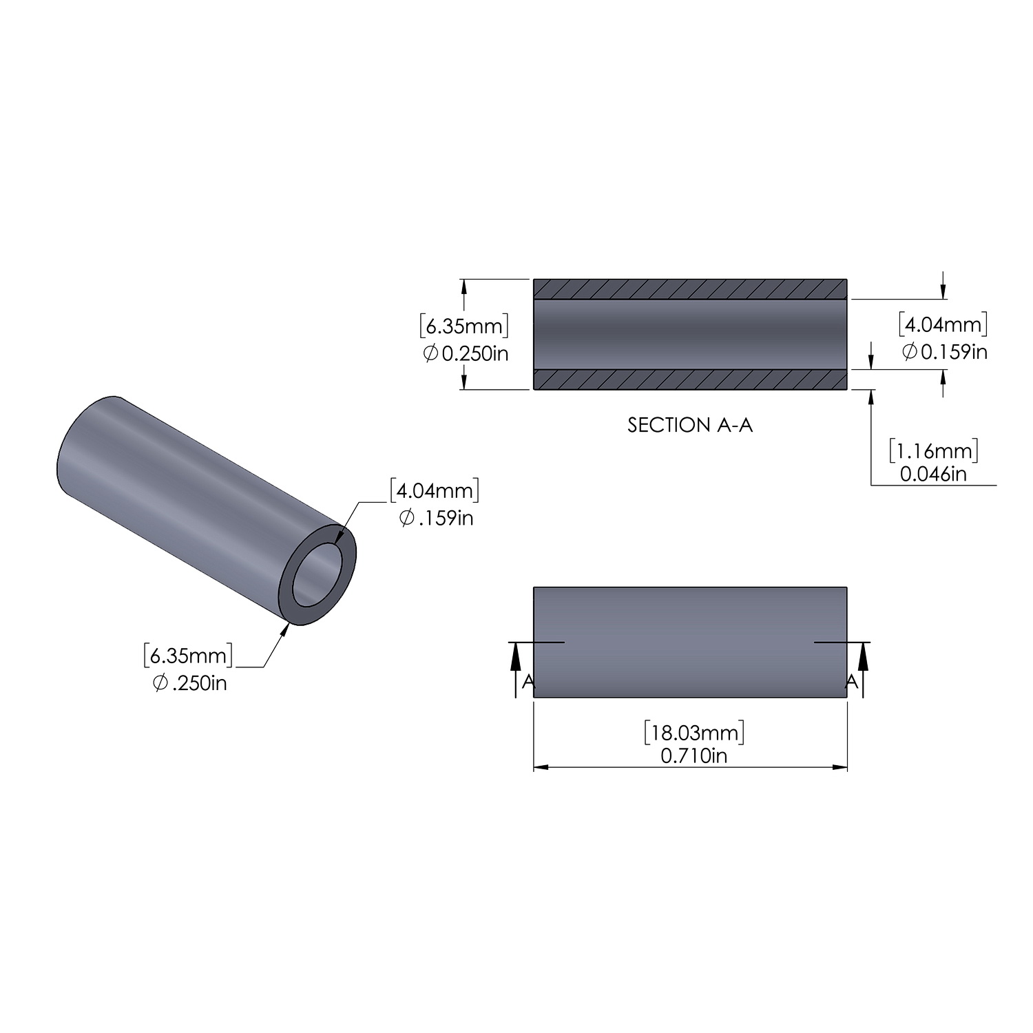 Brass Spacer 1/4'' OD x .159'' ID x .710'' Long, Plain Aluminum Finish