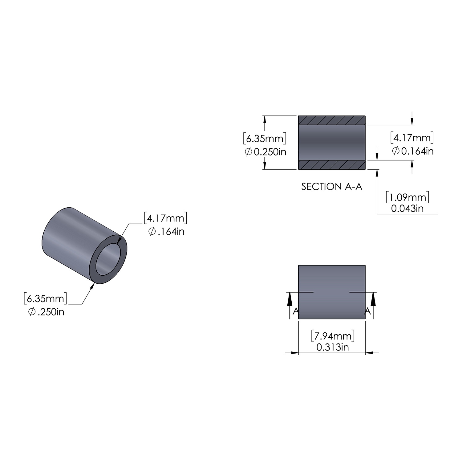 Aluminum Spacer 1/4'' OD x .164'' ID x 5/16'' Long, Plain Aluminum Finish