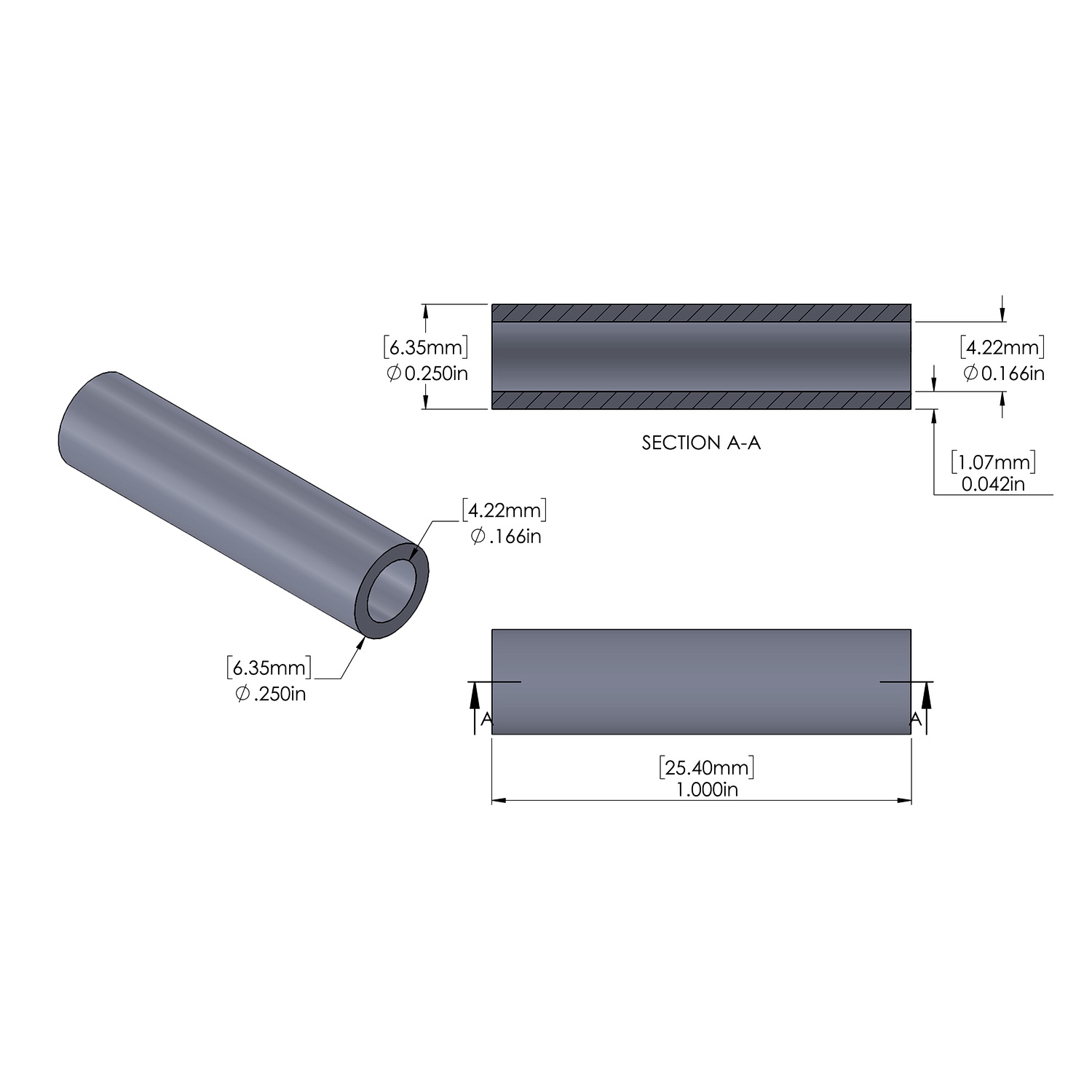 Aluminum Spacer 1/4'' OD x .166'' ID x 1.000'' Long, Plain Aluminum Finish