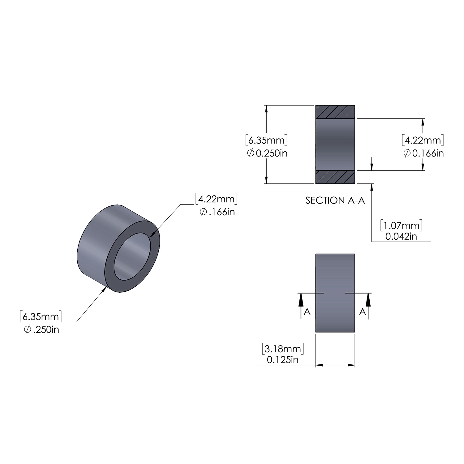 Aluminum Spacer 1/4'' OD x .166'' ID x 1/8'' Long, Plain Aluminum Finish