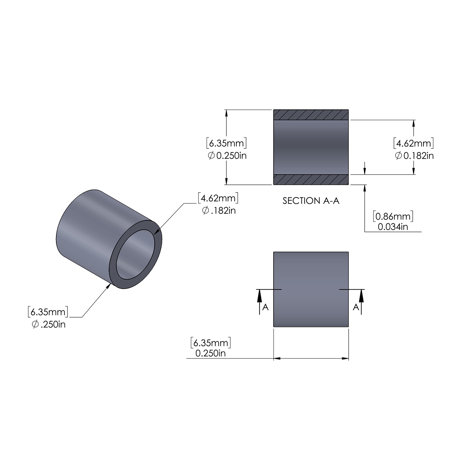 Aluminum Spacer 1/4'' OD x .182'' ID x 1/4'' Long