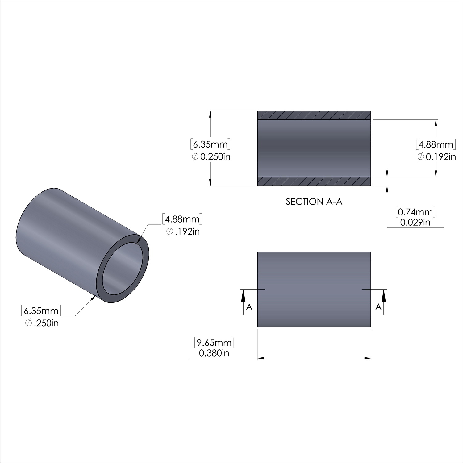 Aluminum Spacer 1/4'' OD x .192'' ID x .380'' Long, Plain Aluminum Finish