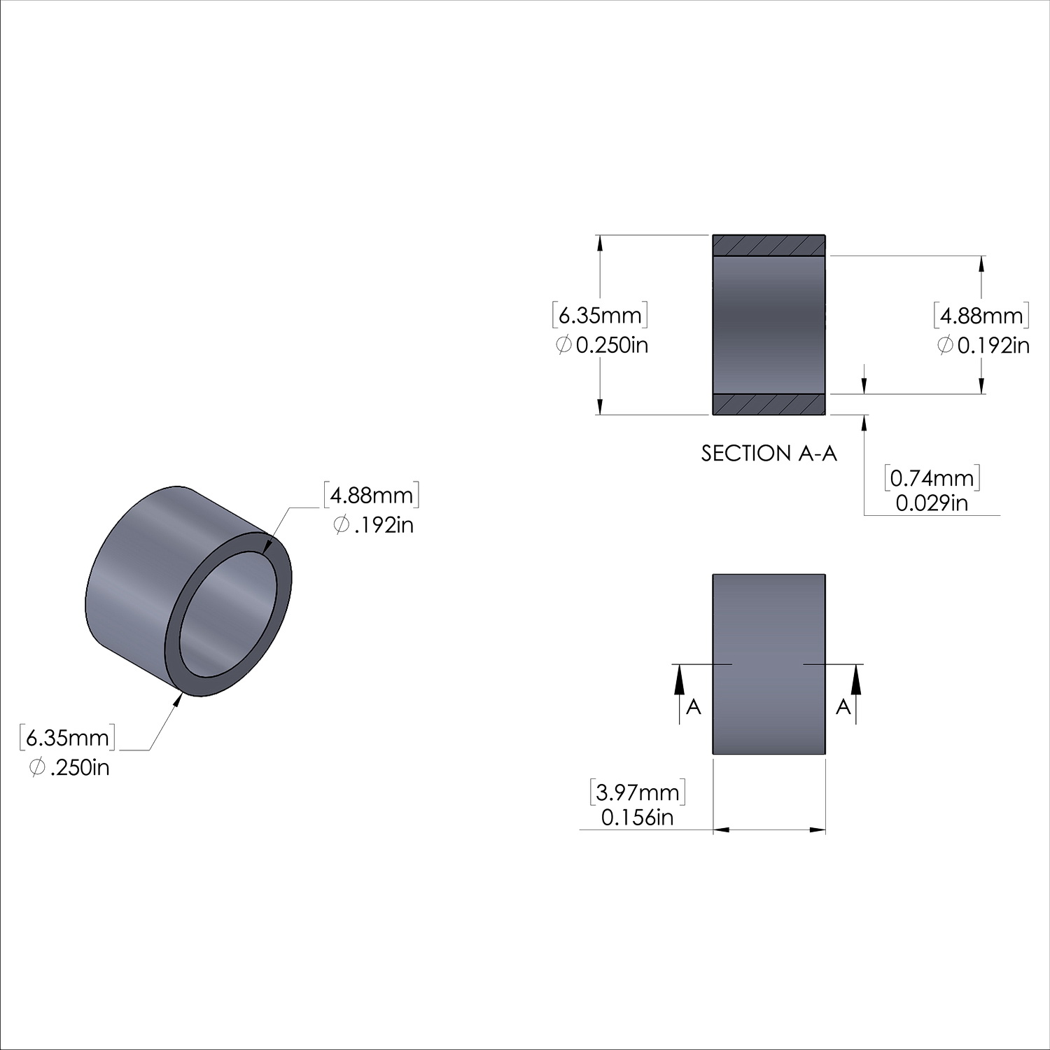 Aluminum Spacer 1/4'' OD x .192'' ID x 5/32'' Long, Plain Aluminum Finish