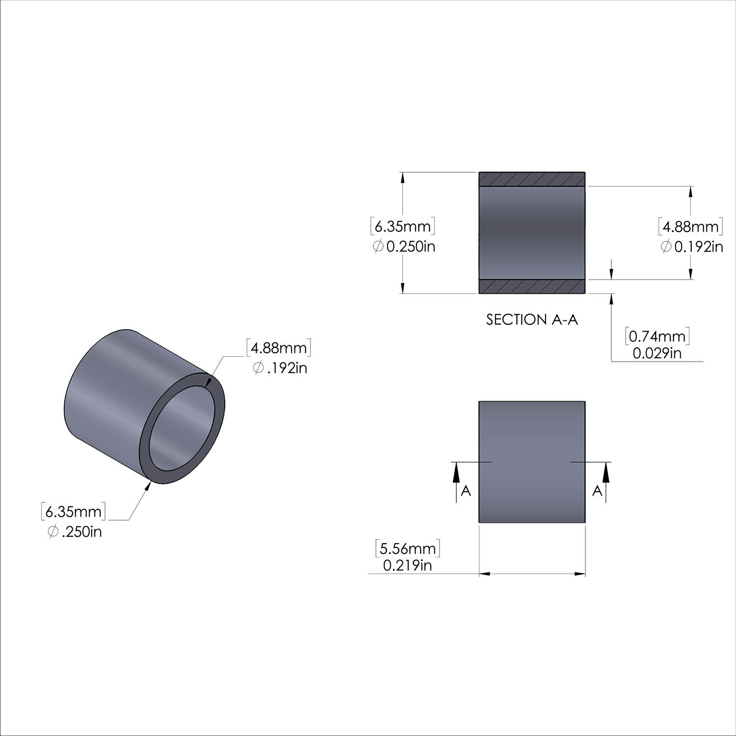 Aluminum Spacer 1/4'' OD x .192'' ID x 7/32'' Long, Plain Aluminum Finish