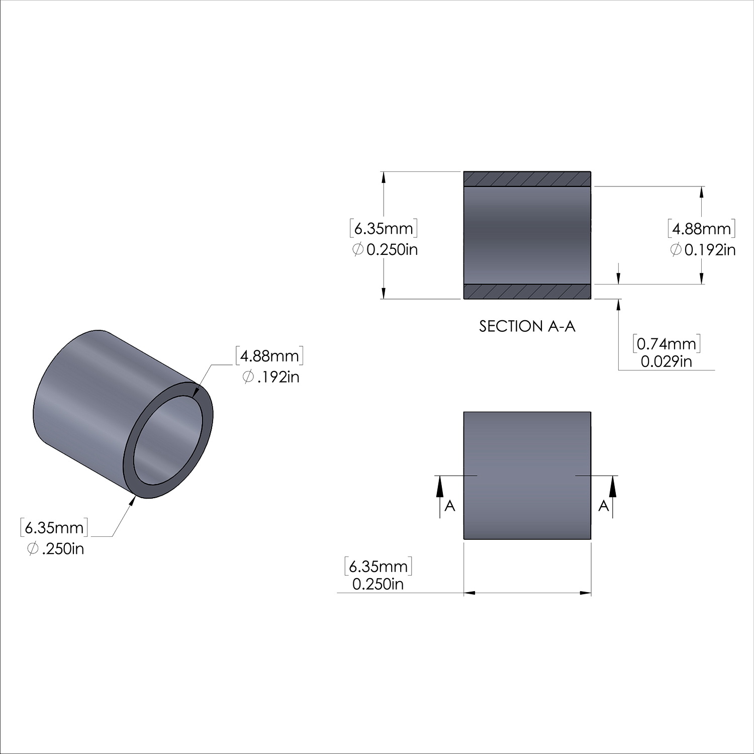Aluminum Spacer 1/4'' OD x .192'' ID x 1/4'' Long, Plain Aluminum Finish
