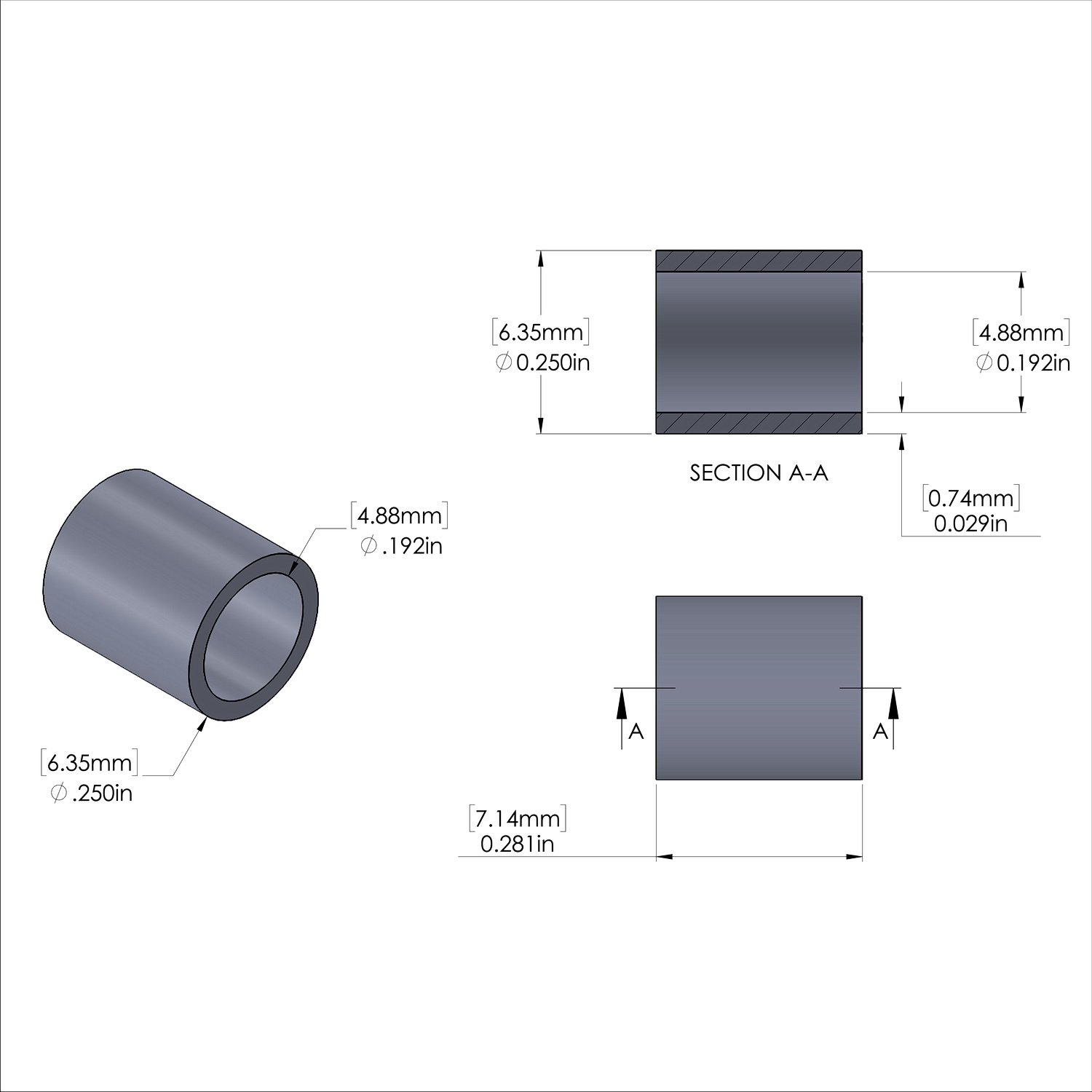 Aluminum Spacer 1/4'' OD x .192'' ID x 9/32'' Long, Plain Aluminum Finish