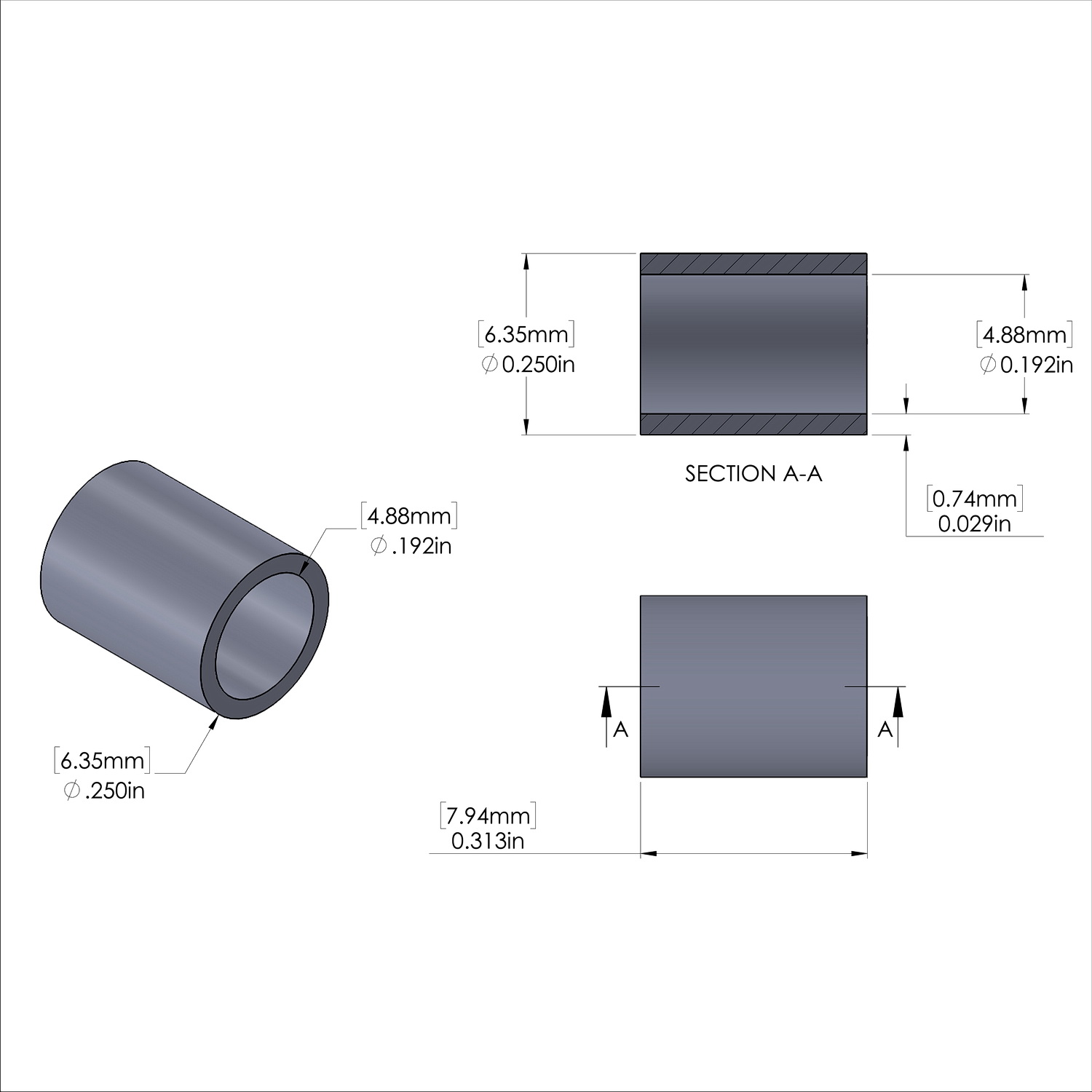 Aluminum Spacer 1/4'' OD x .192'' ID x 5/16'' Long-Black Anodized