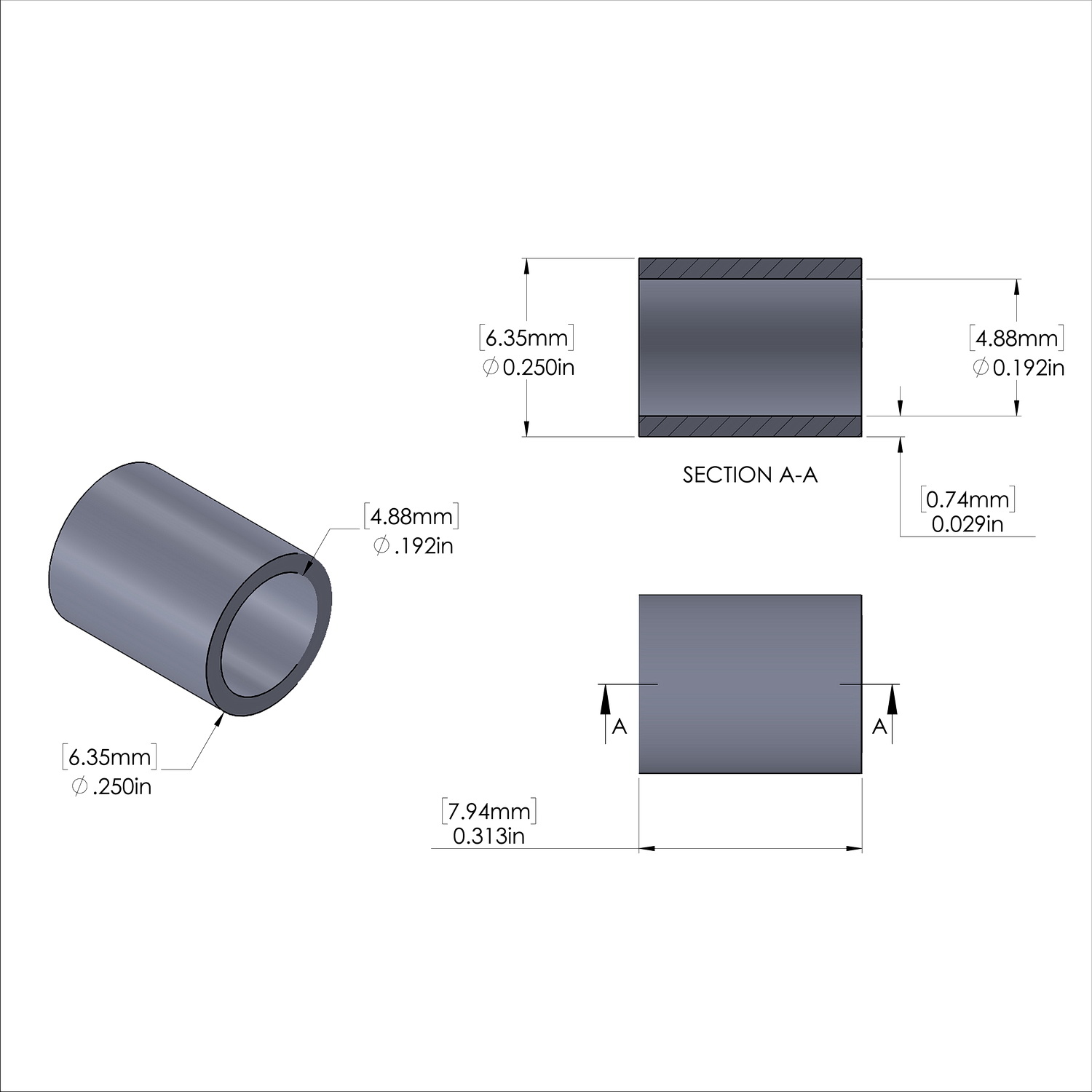 Aluminum Spacer 1/4'' OD x .192'' ID x 5/16'' Long, Plain Aluminum Finish
