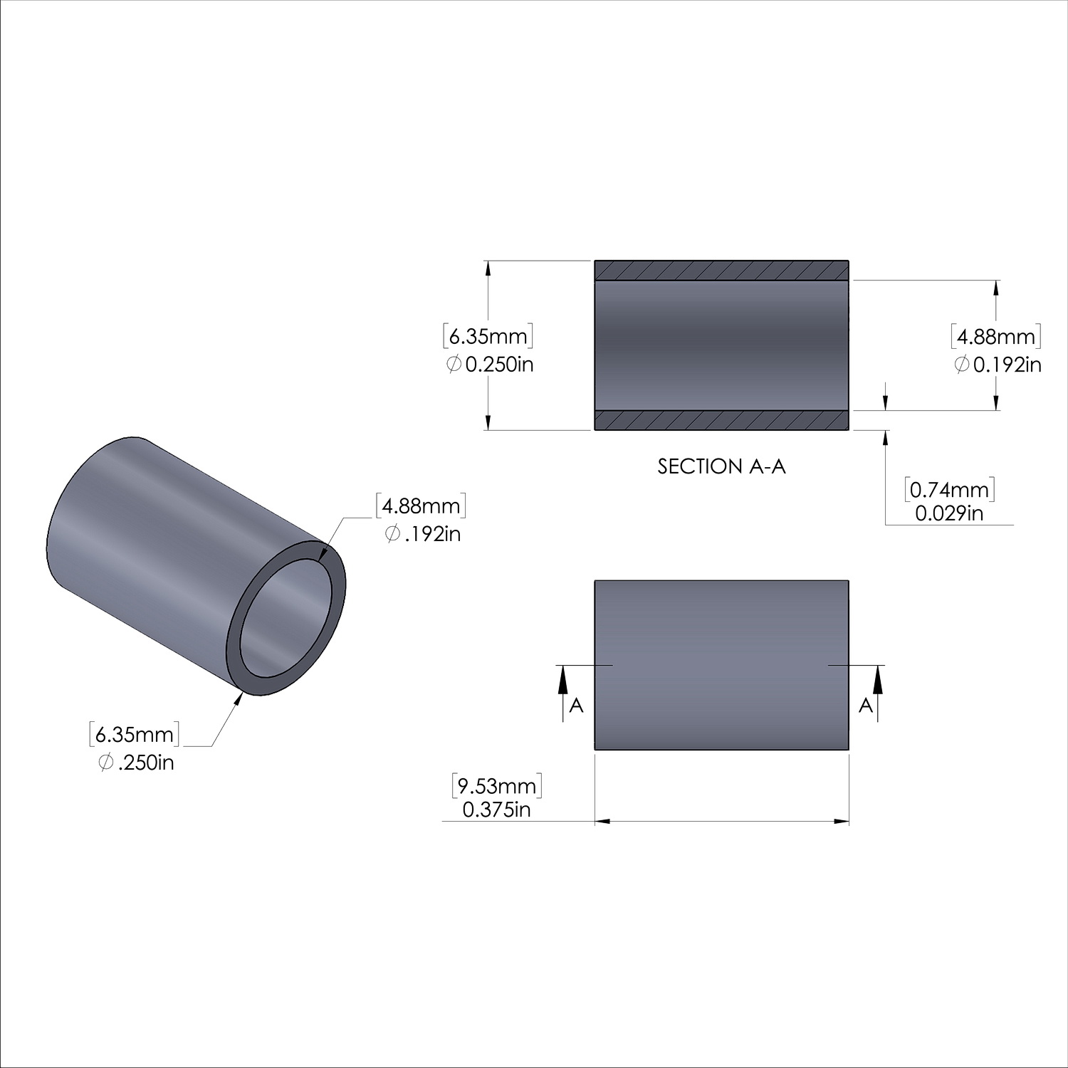 Aluminum Spacer 1/4'' OD x .192'' ID x 3/8'' Long, Black Anodized Finish