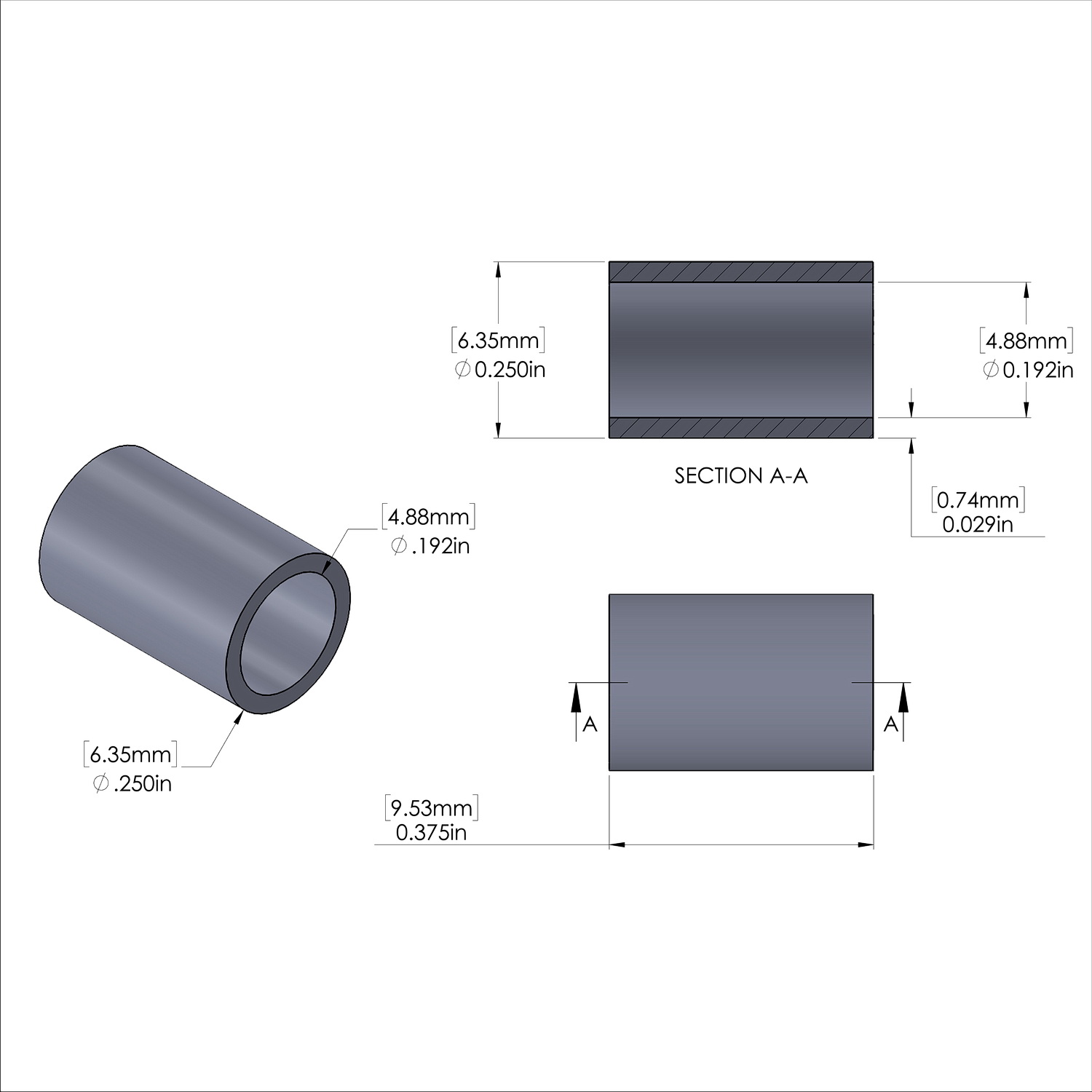 Aluminum Spacer 1/4'' OD x .192'' ID x 3/8'' Long, Plain Aluminum Finish