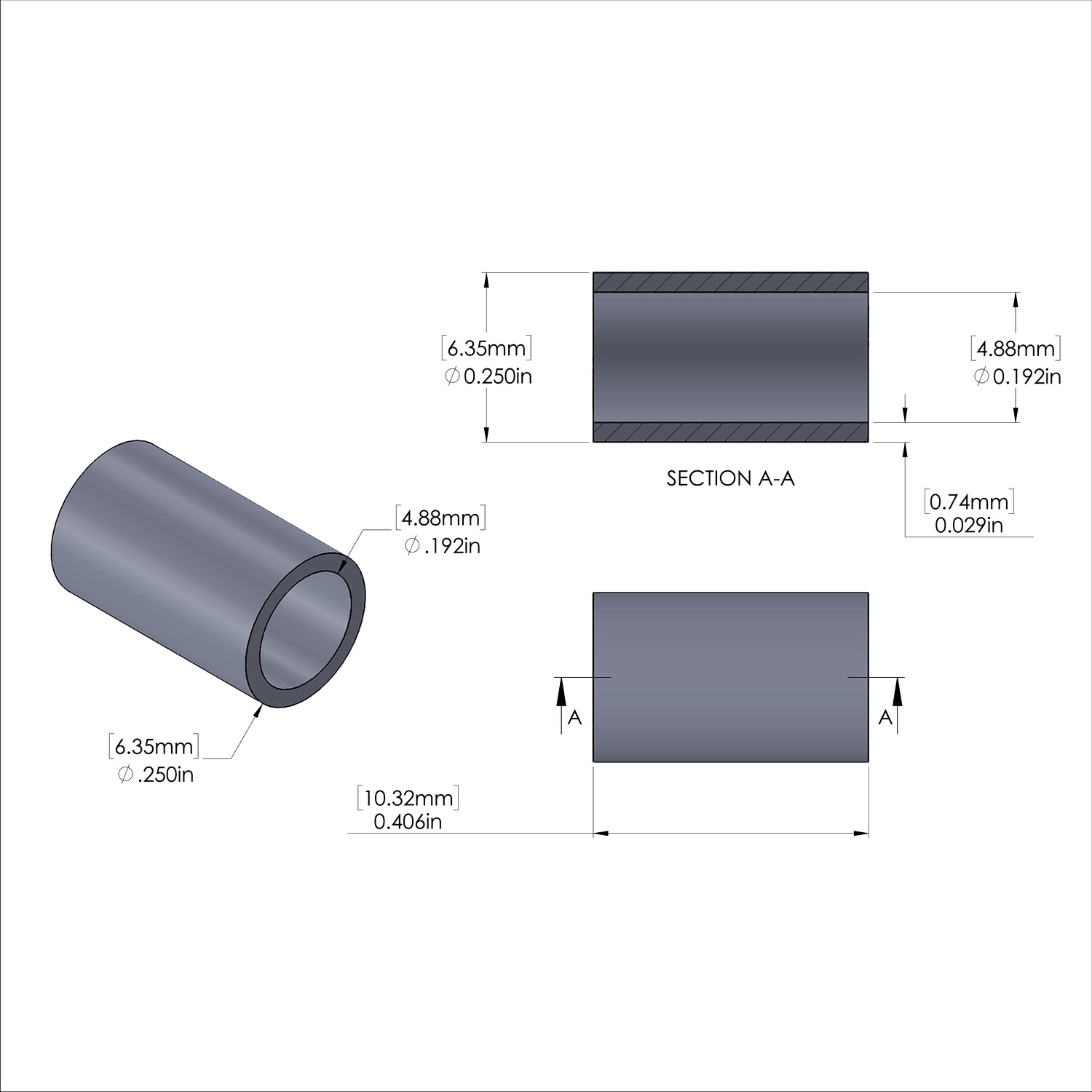 Aluminum Spacer 1/4'' OD x .192'' ID x 13/32'' Long, Plain Aluminum Finish