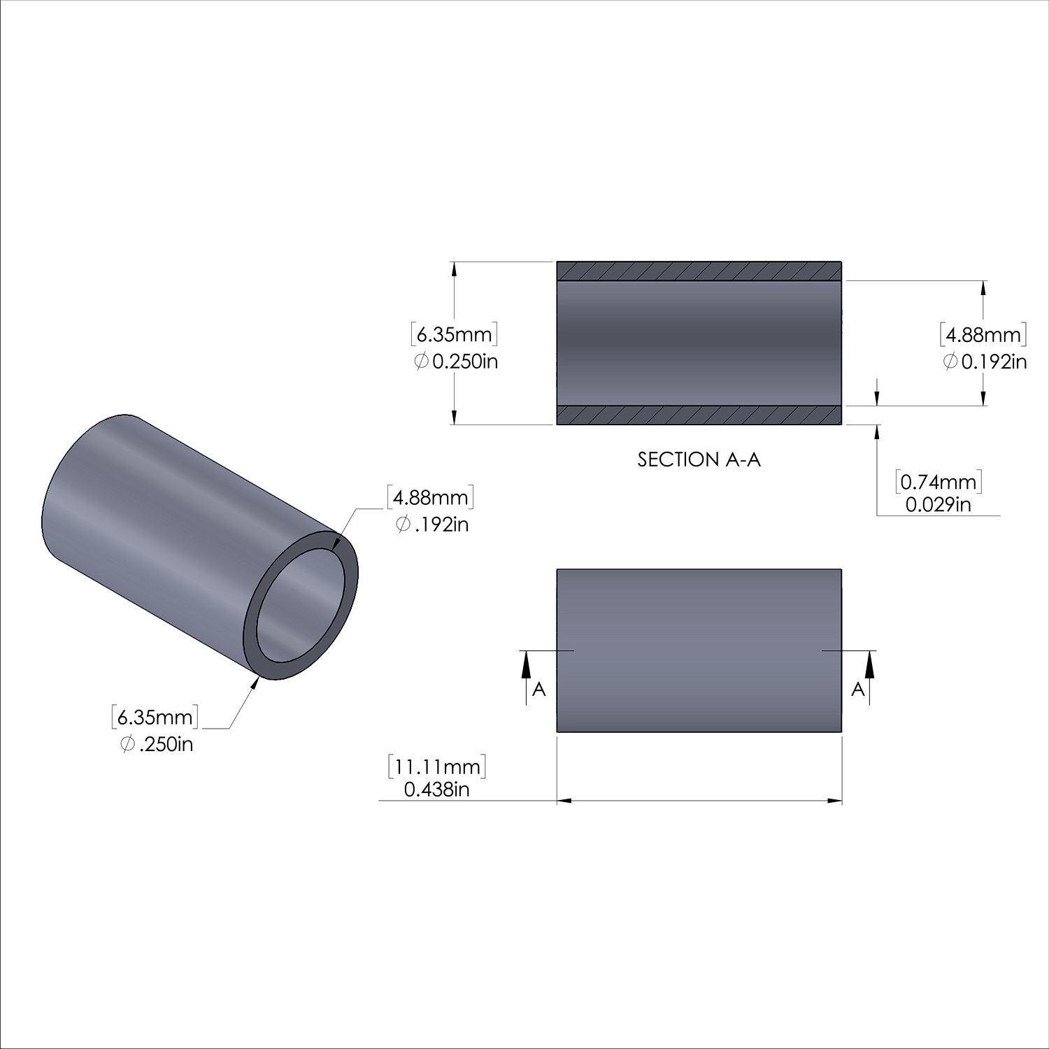 Aluminum Spacer 1/4'' OD x .192'' ID x 7/16'' Long, Plain Aluminum Finish