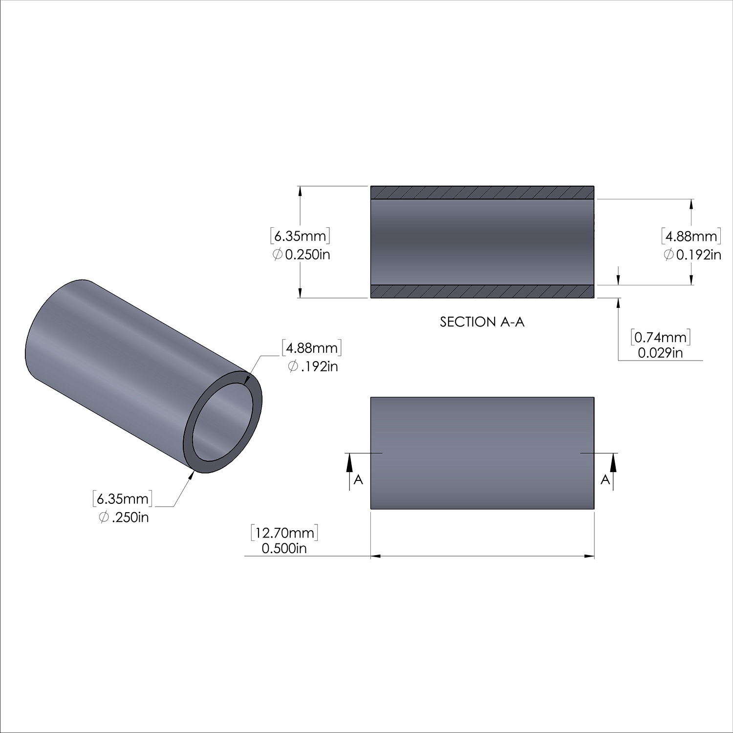Aluminum Spacer 1/4'' OD x .192'' ID x 1/2'' Long, Black Anodized Finish