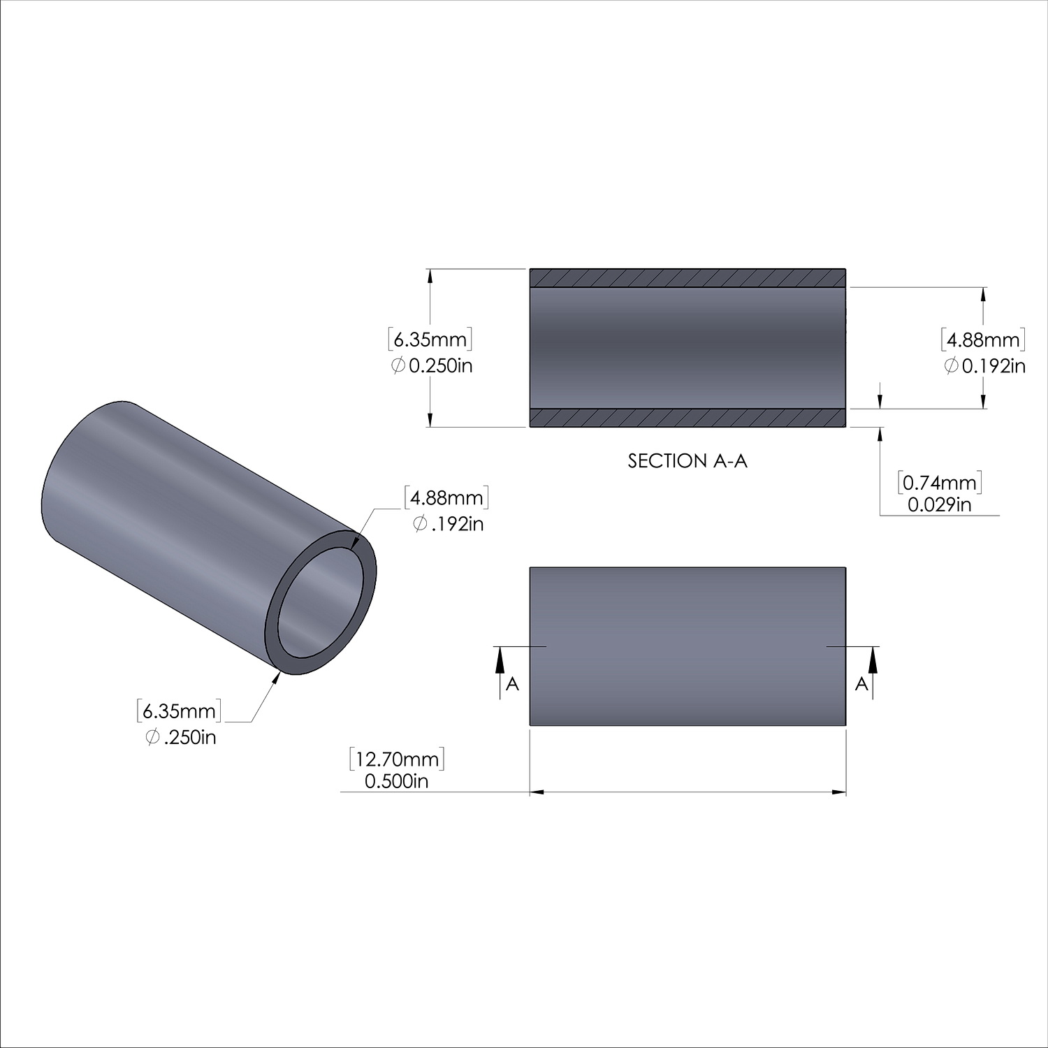 Aluminum Spacer 1/4'' OD x .192'' ID x 1/2'' Long, Plain Aluminum Finish