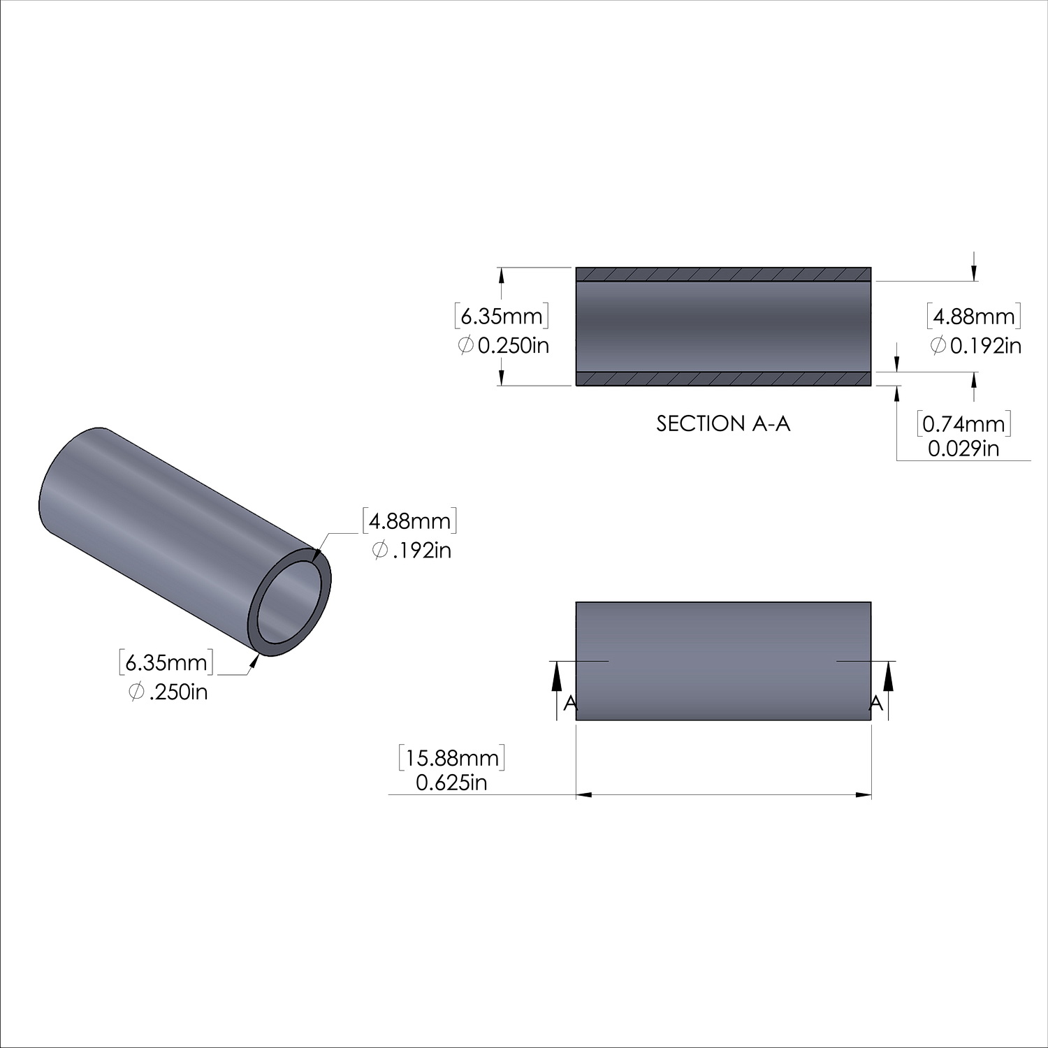 Aluminum Spacer 1/4'' OD x .192'' ID x 5/8'' Long, Plain Aluminum Finish