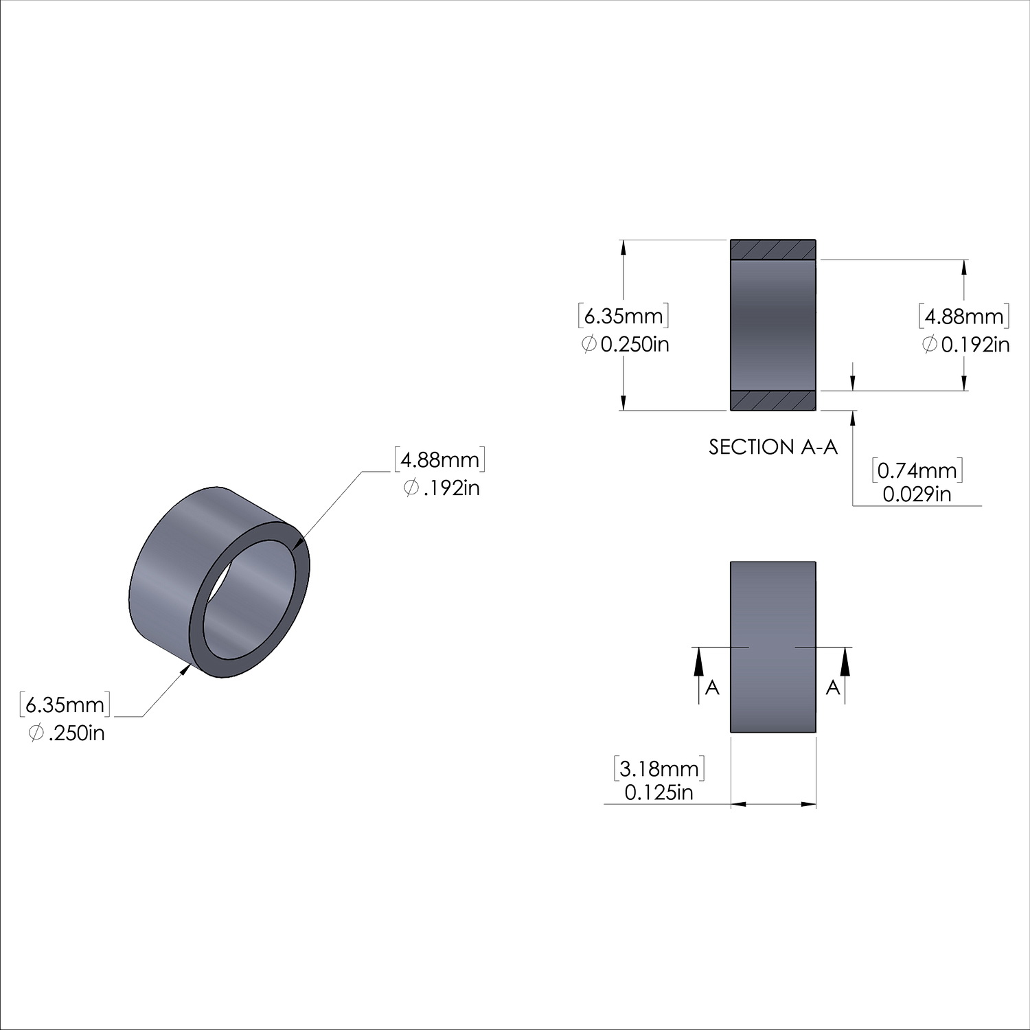 Aluminum Spacer 1/4'' OD x .192'' ID x 1/8'' Long, Black Anodized Finish