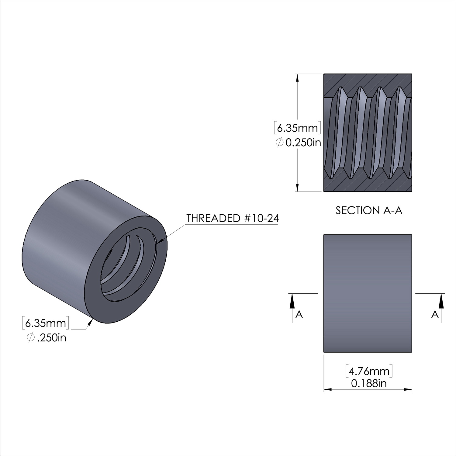 Aluminum Standoff 1/4'' OD x 10-24 Thread x 3/16'' Long, Plain Aluminum Finish