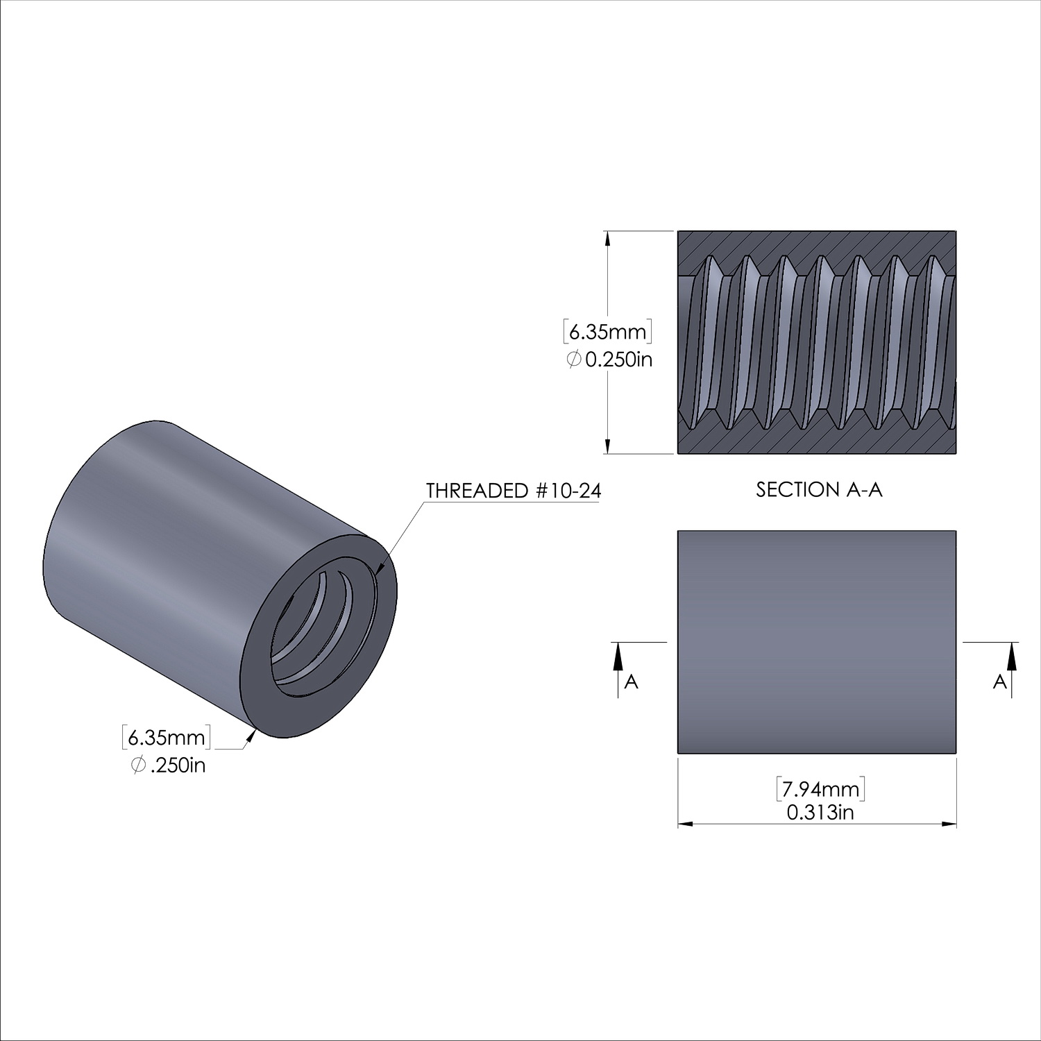 Aluminum Standoff 1/4'' OD x 10-24 Thread x 5/16'' Long