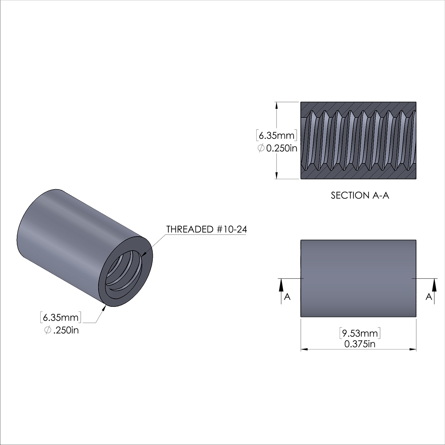 Aluminum Standoff 1/4'' OD x 10-24 Thread x 3/8'' Long, Plain Aluminum Finish