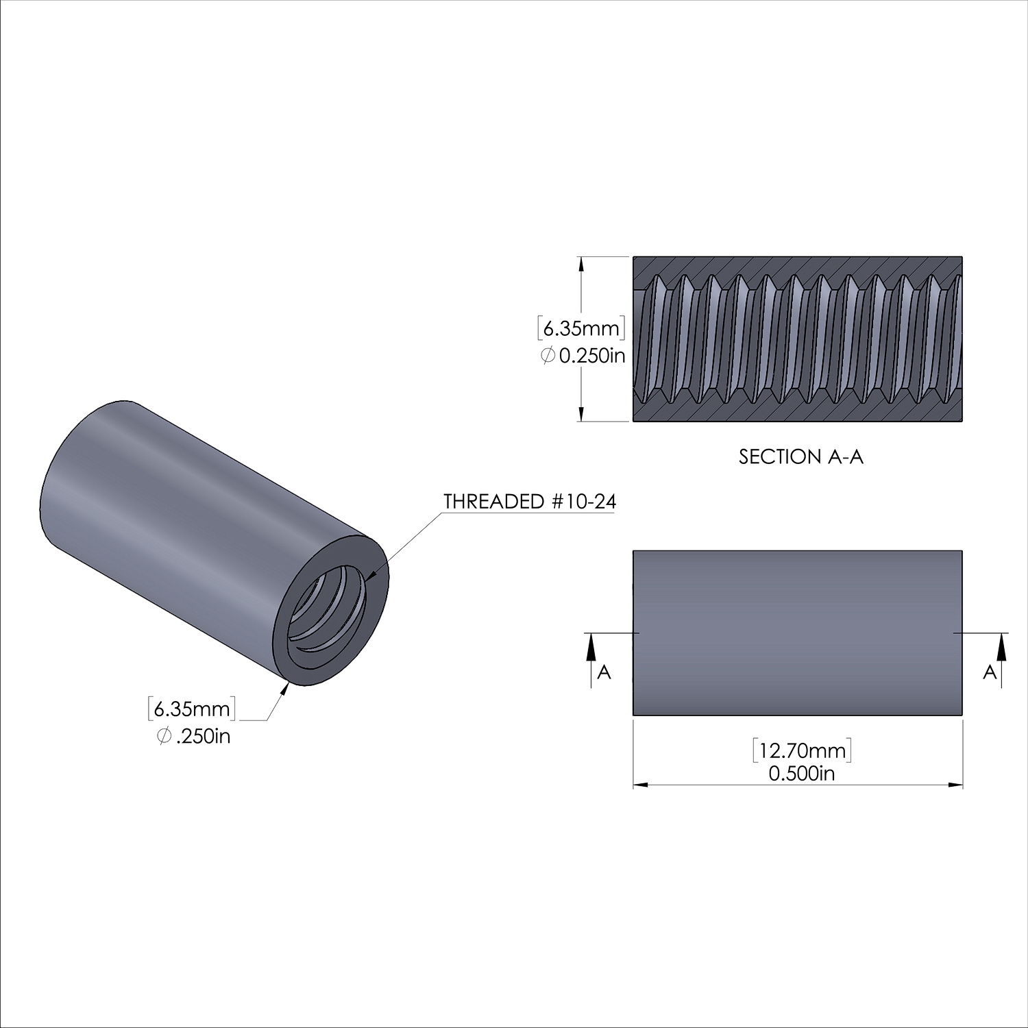 Aluminum Standoff 1/4'' OD x 10-24 Thread x 1/2'' Long, Plain Aluminum Finish