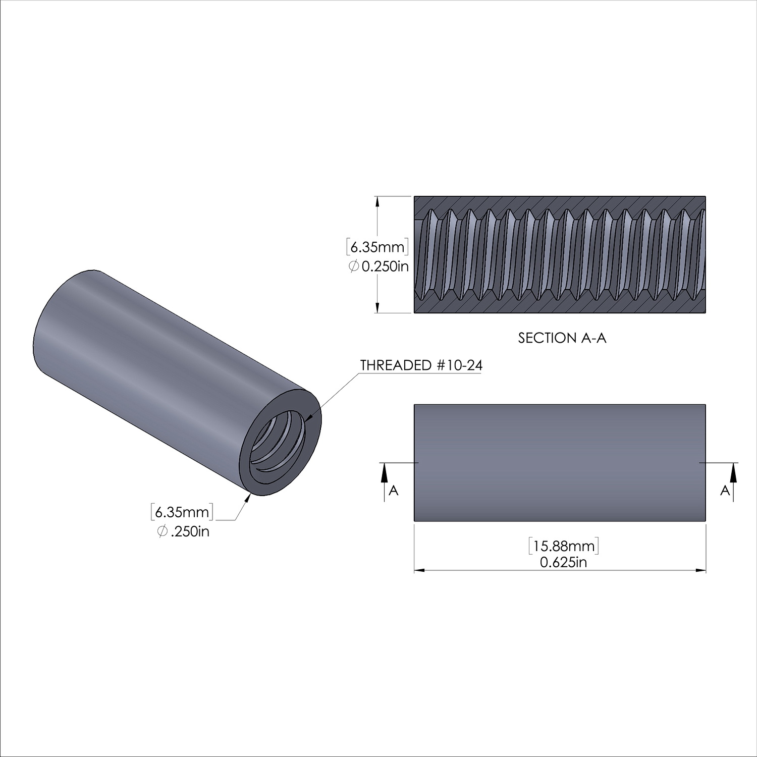 Aluminum Standoff 1/4'' OD x 10-24 Thread x 5/8'' Long, Plain Aluminum Finish