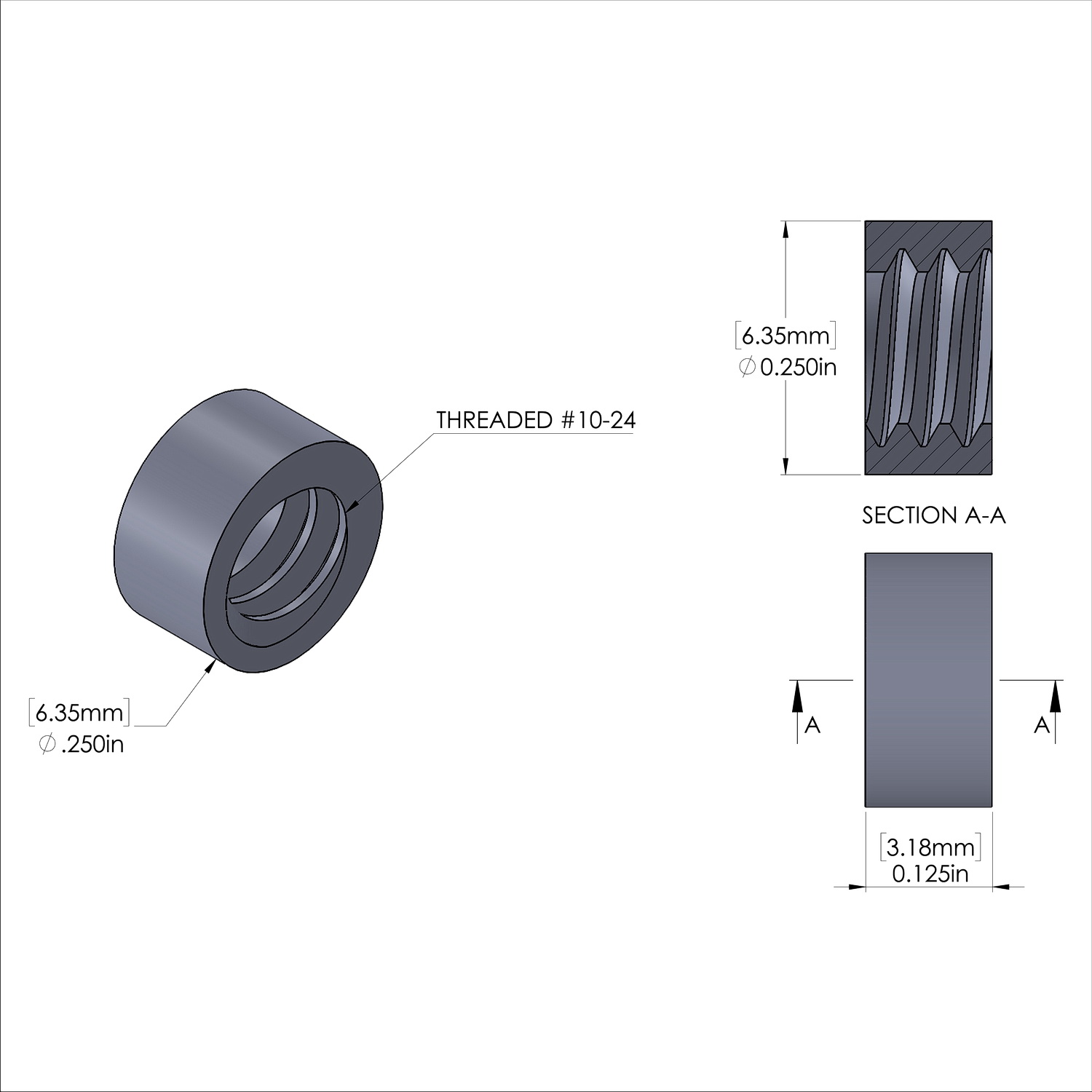 Aluminum Standoff 1/4'' OD x 10-24 Thread x 1/8'' Long