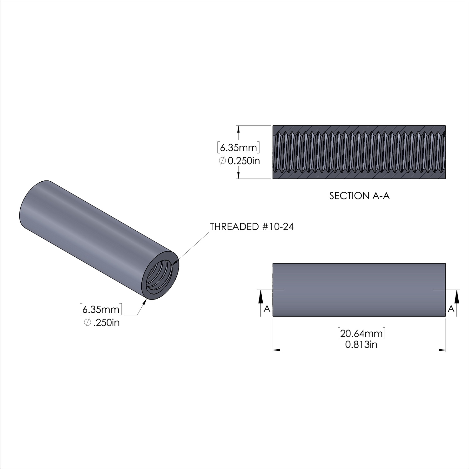 Aluminum Standoff 1/4'' OD x 10-32 Thread x 13/16'' Long, Plain Aluminum Finish