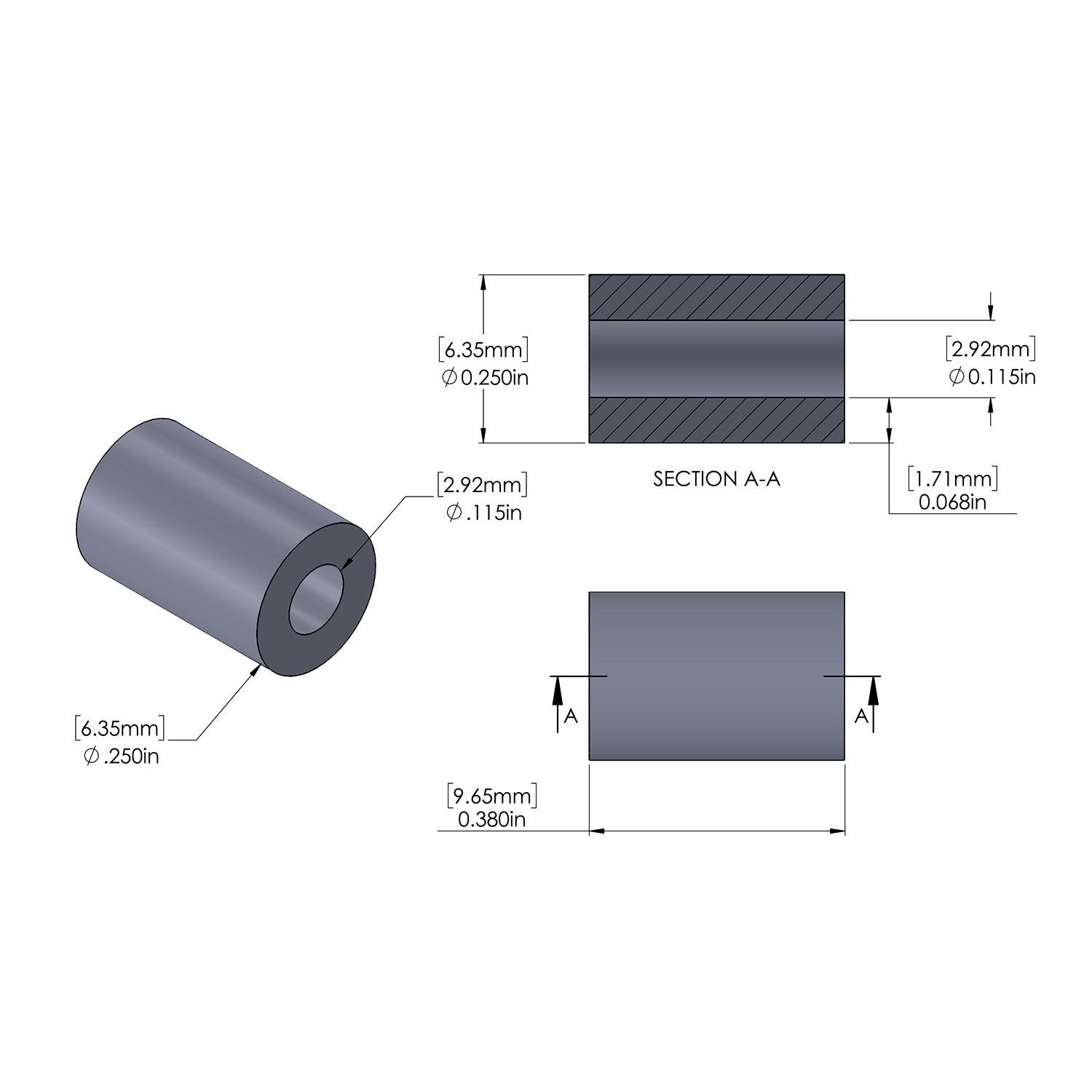 Aluminum Spacer 1/4'' OD x .115'' ID x .380'' Long