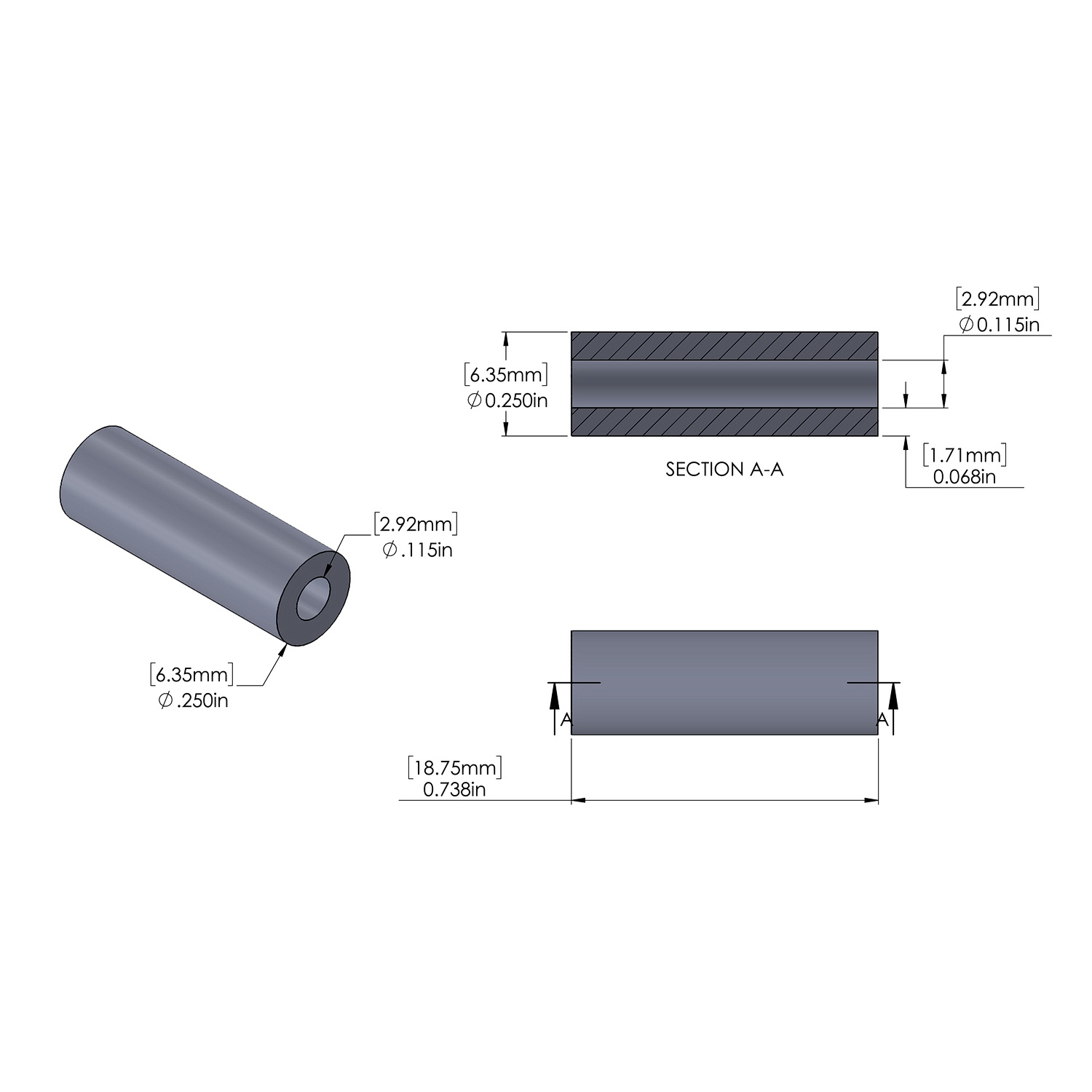 Aluminum Spacer 1/4'' OD x .115'' ID x .738'' Long, Plain Aluminum Finish