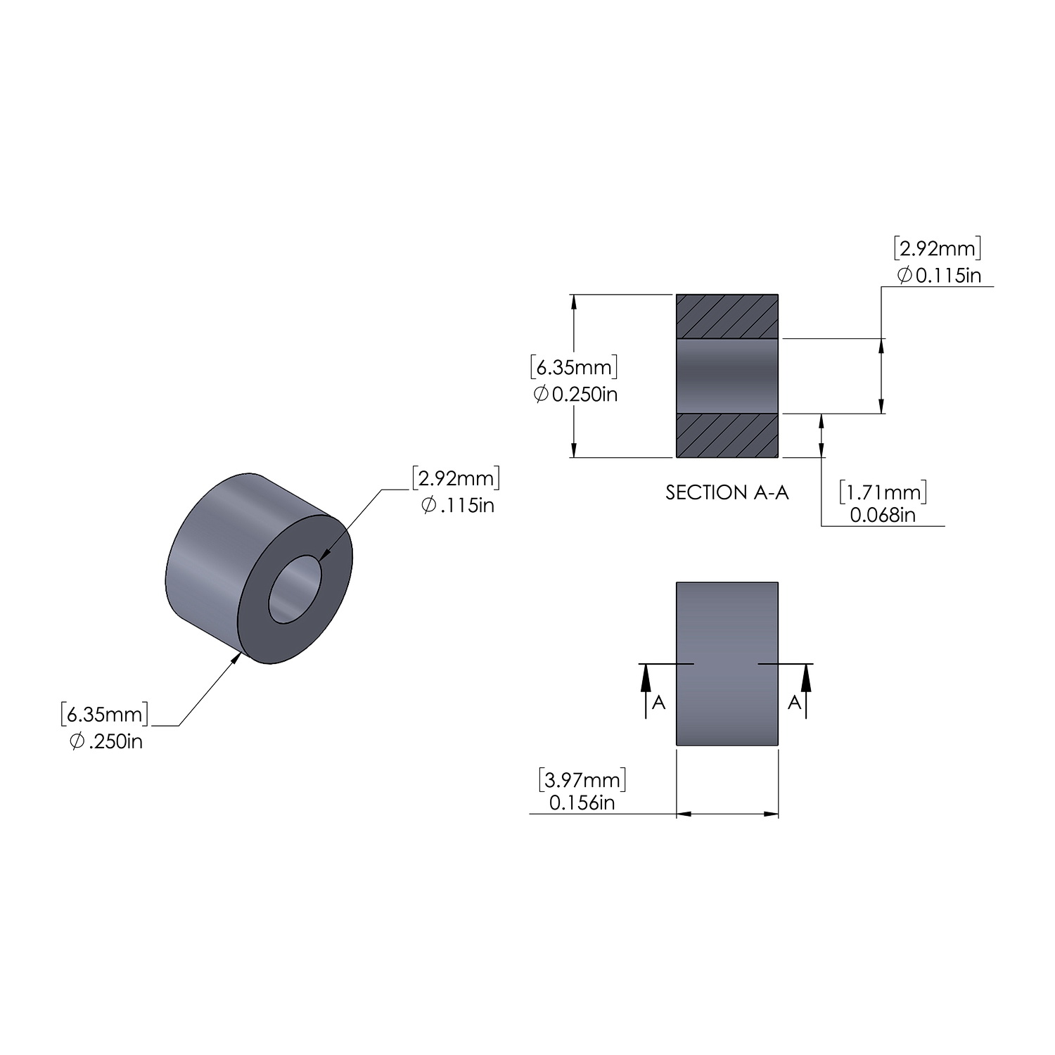 Aluminum Spacer 1/4'' OD x .115'' ID x 5/32'' Long