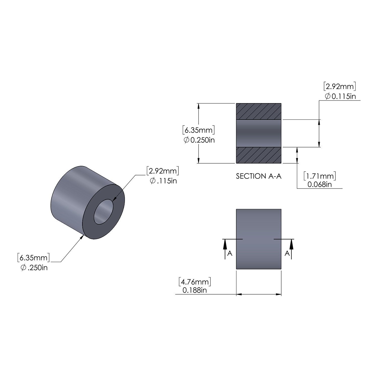 Aluminum Spacer 1/4'' OD x .115'' ID x 3/16'' Long, Plain Aluminum Finish
