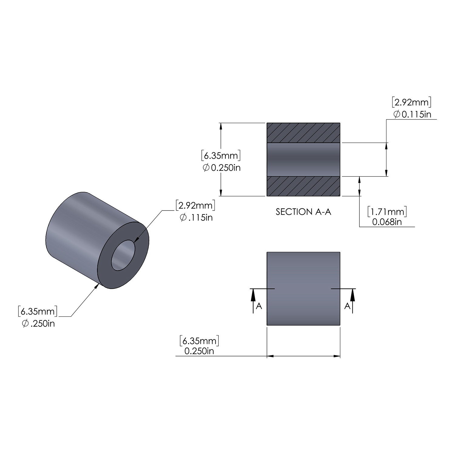 Aluminum Spacer 1/4'' OD x .115'' ID x 1/4'' Long, Black Anodized Finish