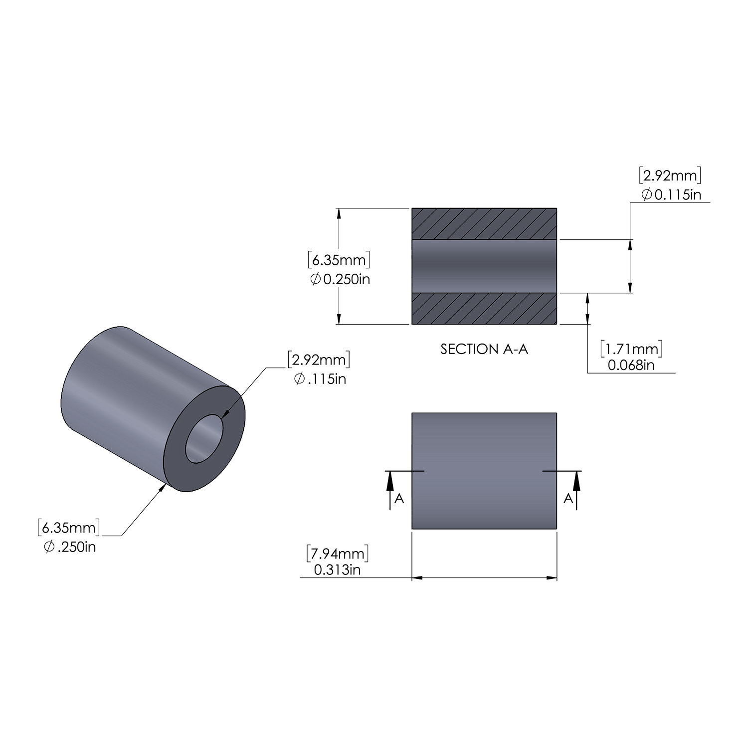 Aluminum Spacer 1/4'' OD x .115'' ID x 5/16'' Long, Black Anodized Finish