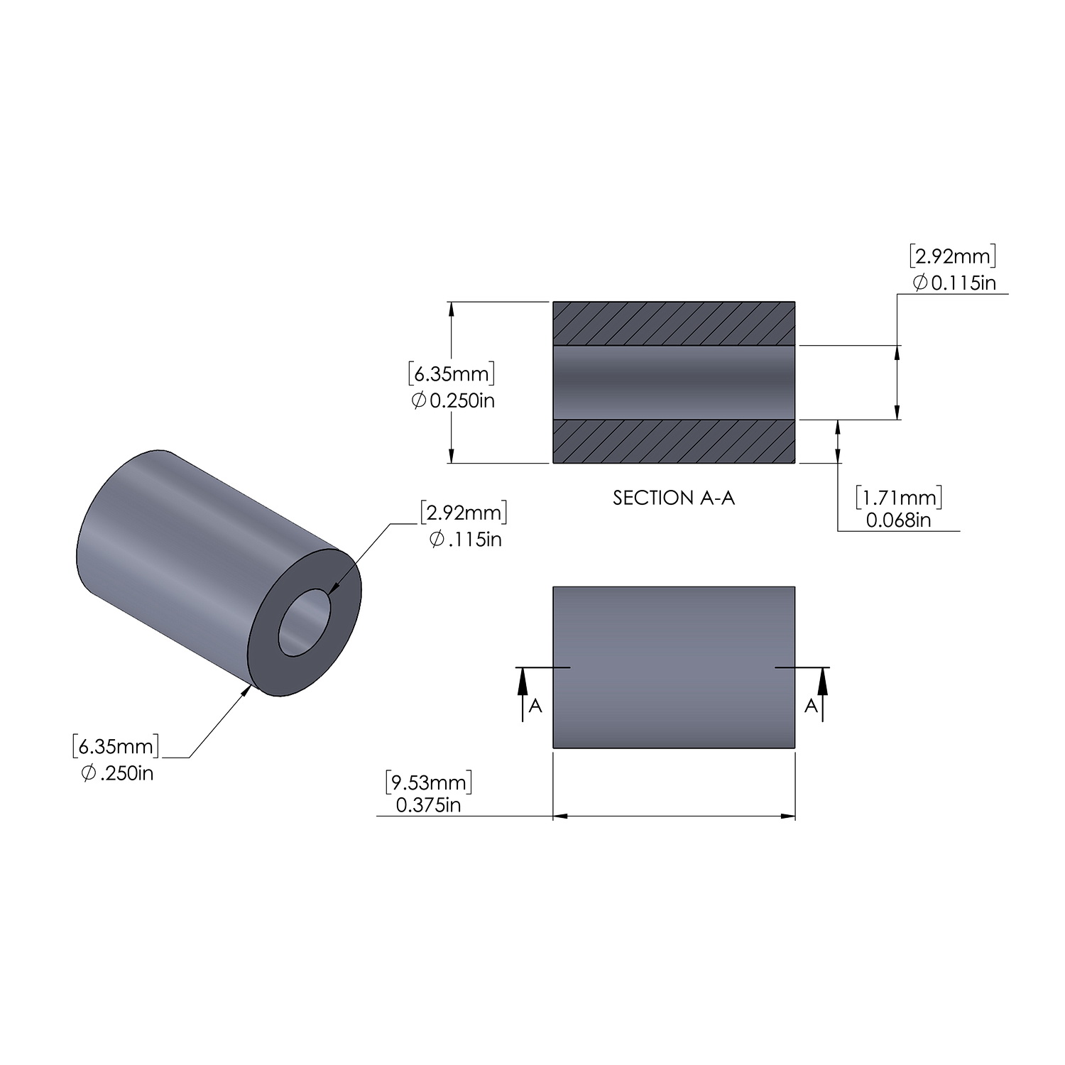 Aluminum Spacer 1/4'' OD x .115'' ID x .350'' Long, Plain Aluminum Finish