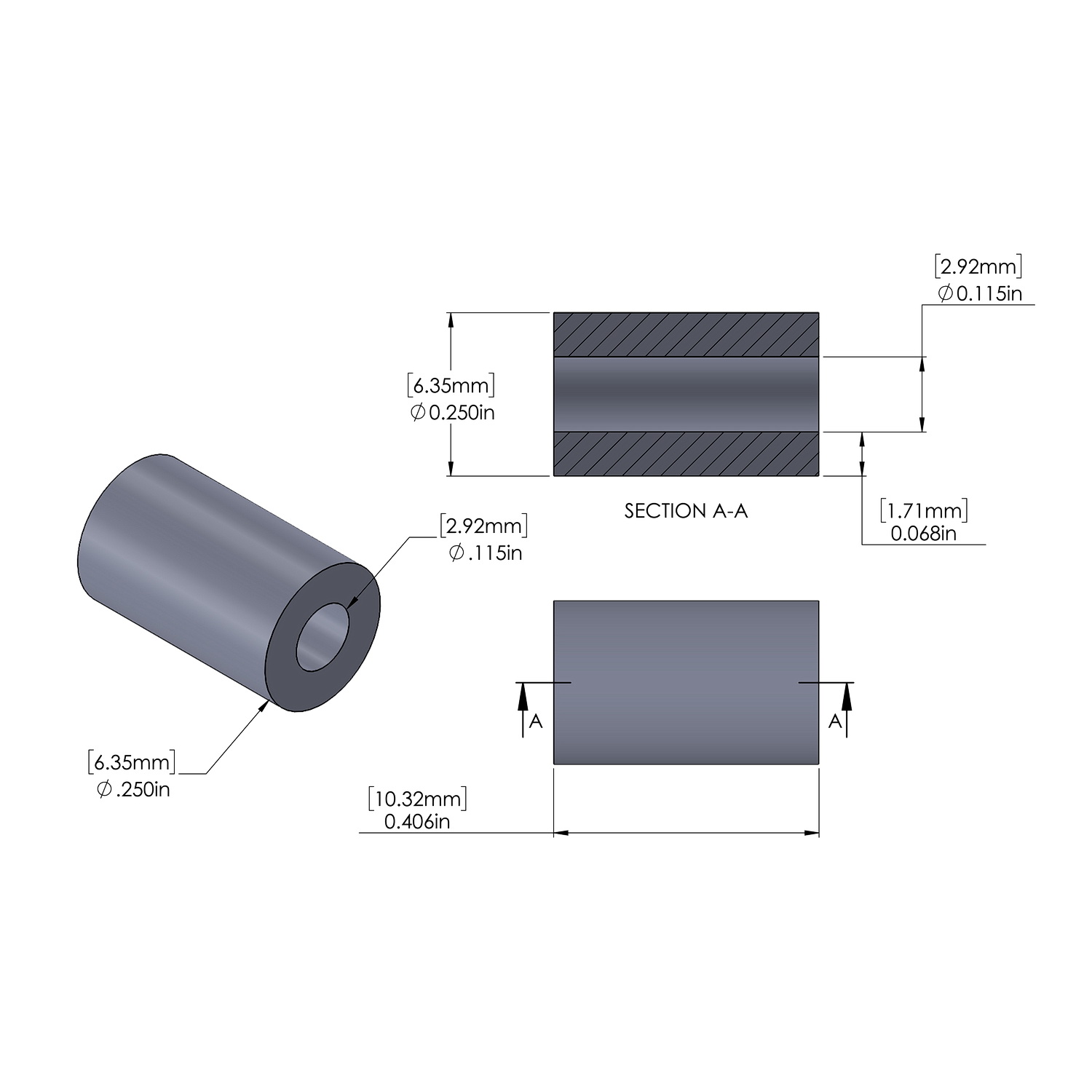 Aluminum Spacer 1/4'' OD x .115'' ID x 13/32'' Long, Plain Aluminum Finish