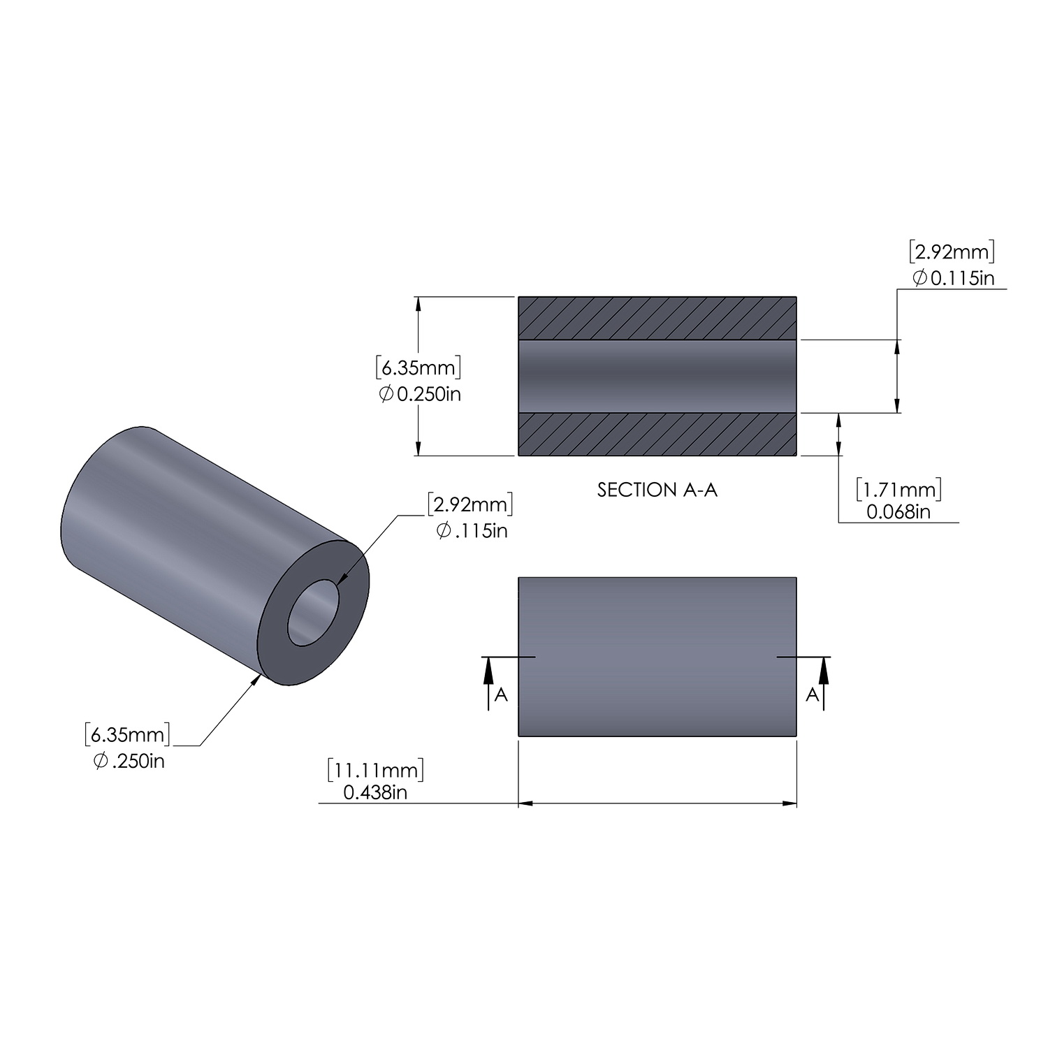 Aluminum Spacer 1/4'' OD x .115'' ID x 7/16'' Long, Plain Aluminum Finish
