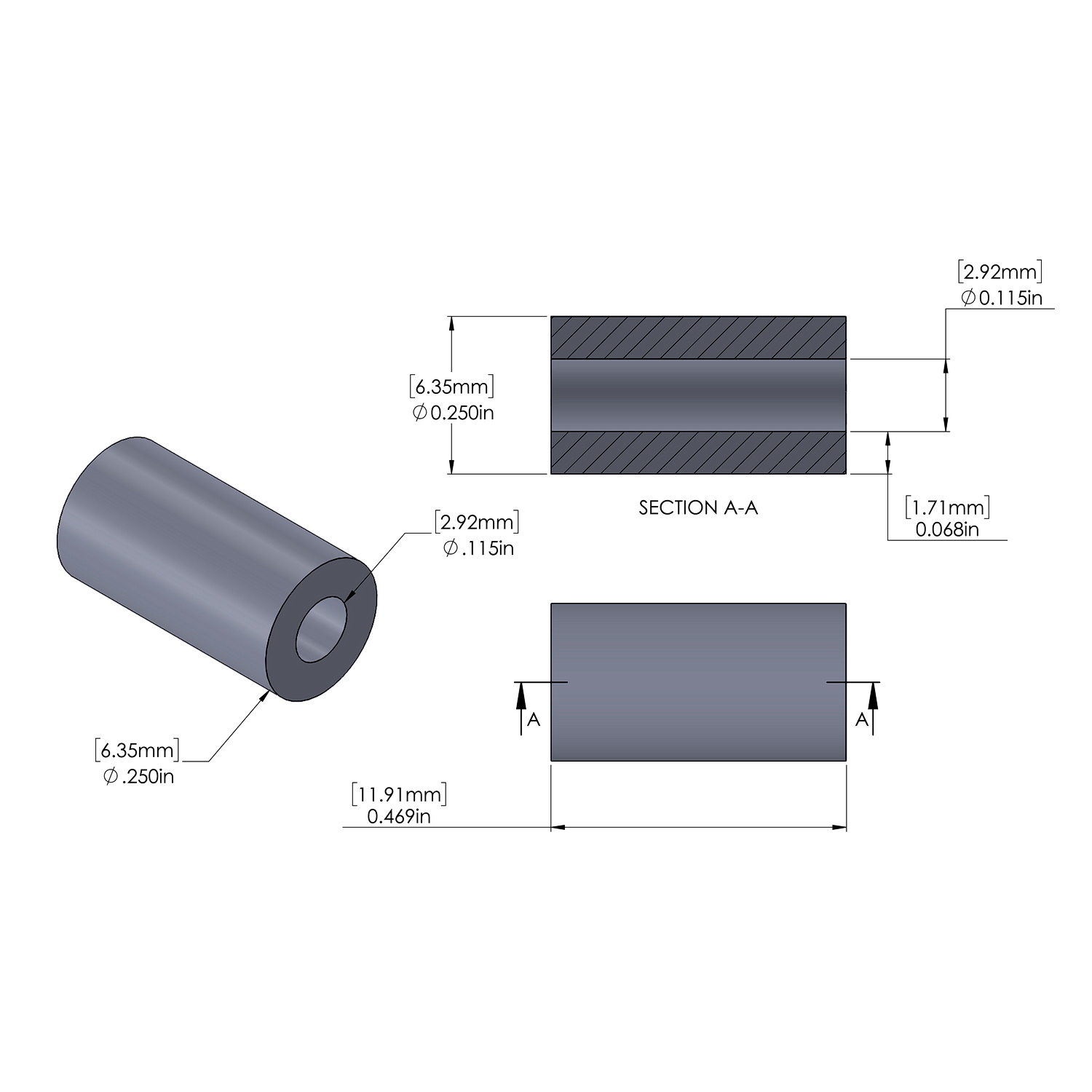 Aluminum Spacer 1/4'' OD x .115'' ID x 15/32'' Long, Plain Aluminum Finish