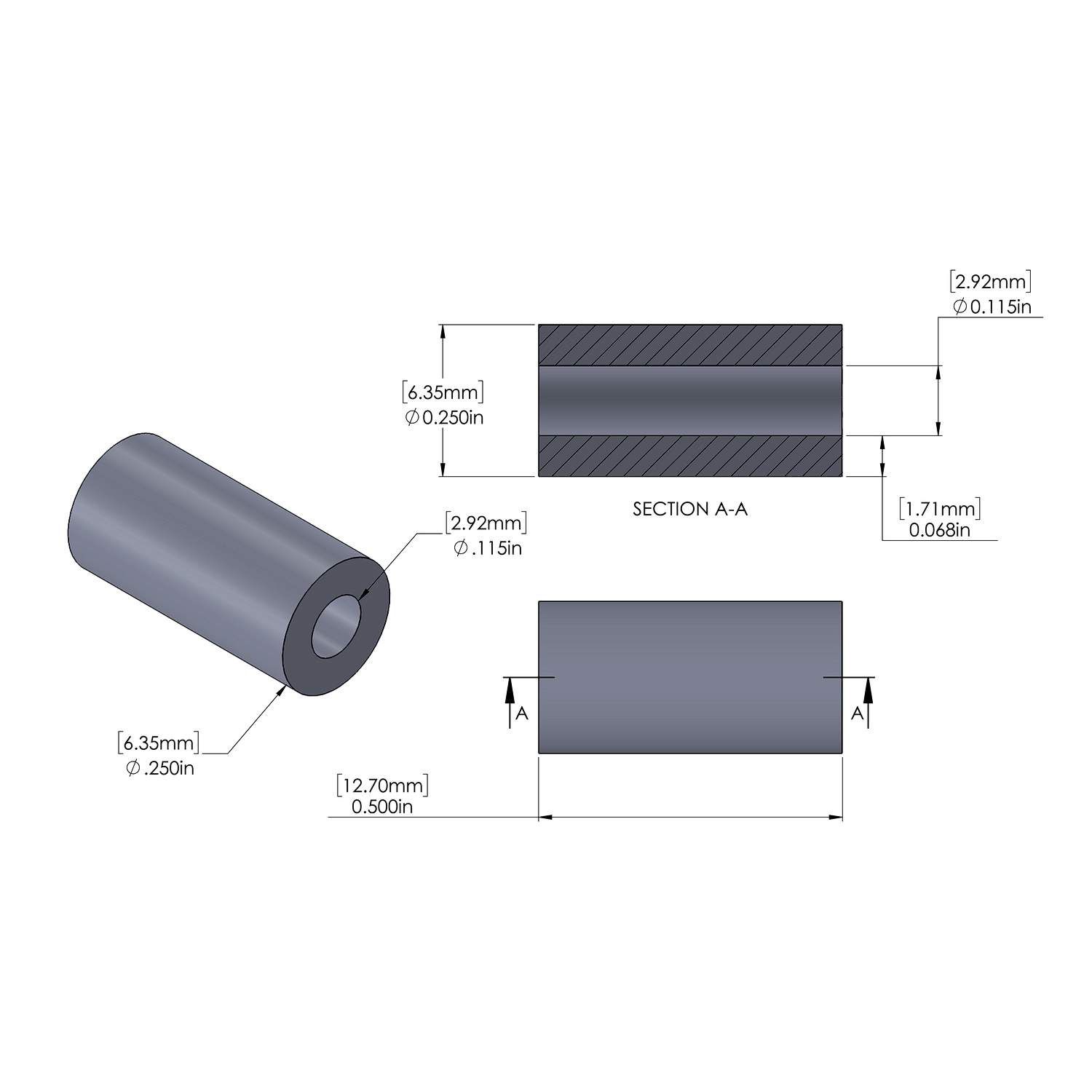 Aluminum Spacer 1/4'' OD x .115'' ID x 1/2'' Long, Black Anodized Finish