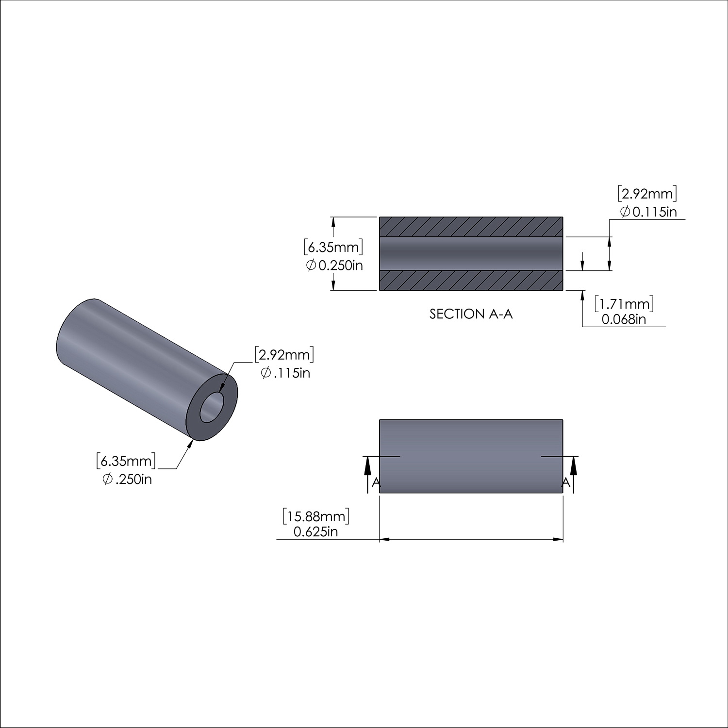 Aluminum Spacer 1/4'' OD x .115'' ID x 5/8'' Long, Black Anodized Finish