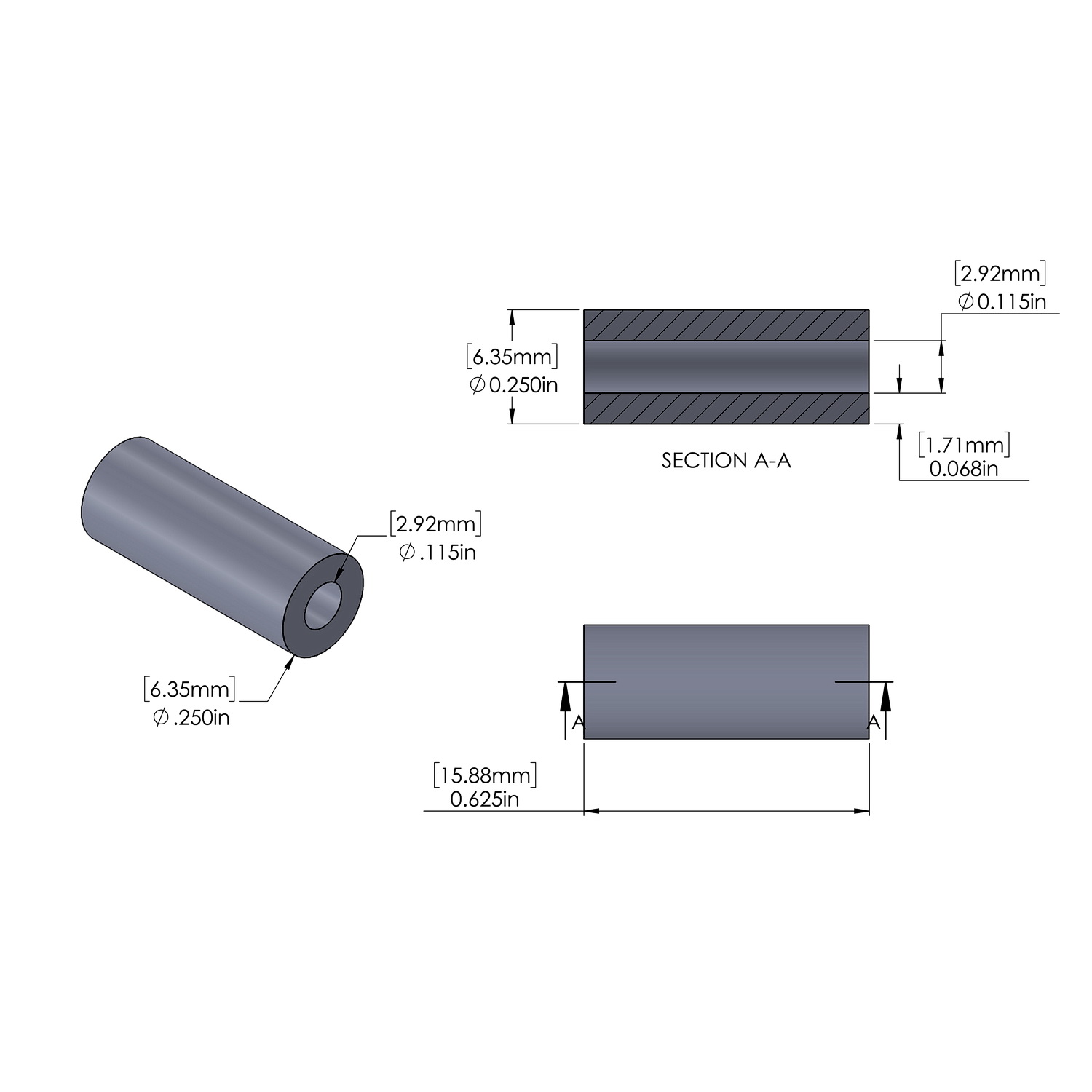 Aluminum Spacer 1/4'' OD x .115'' ID x 5/8'' Long
