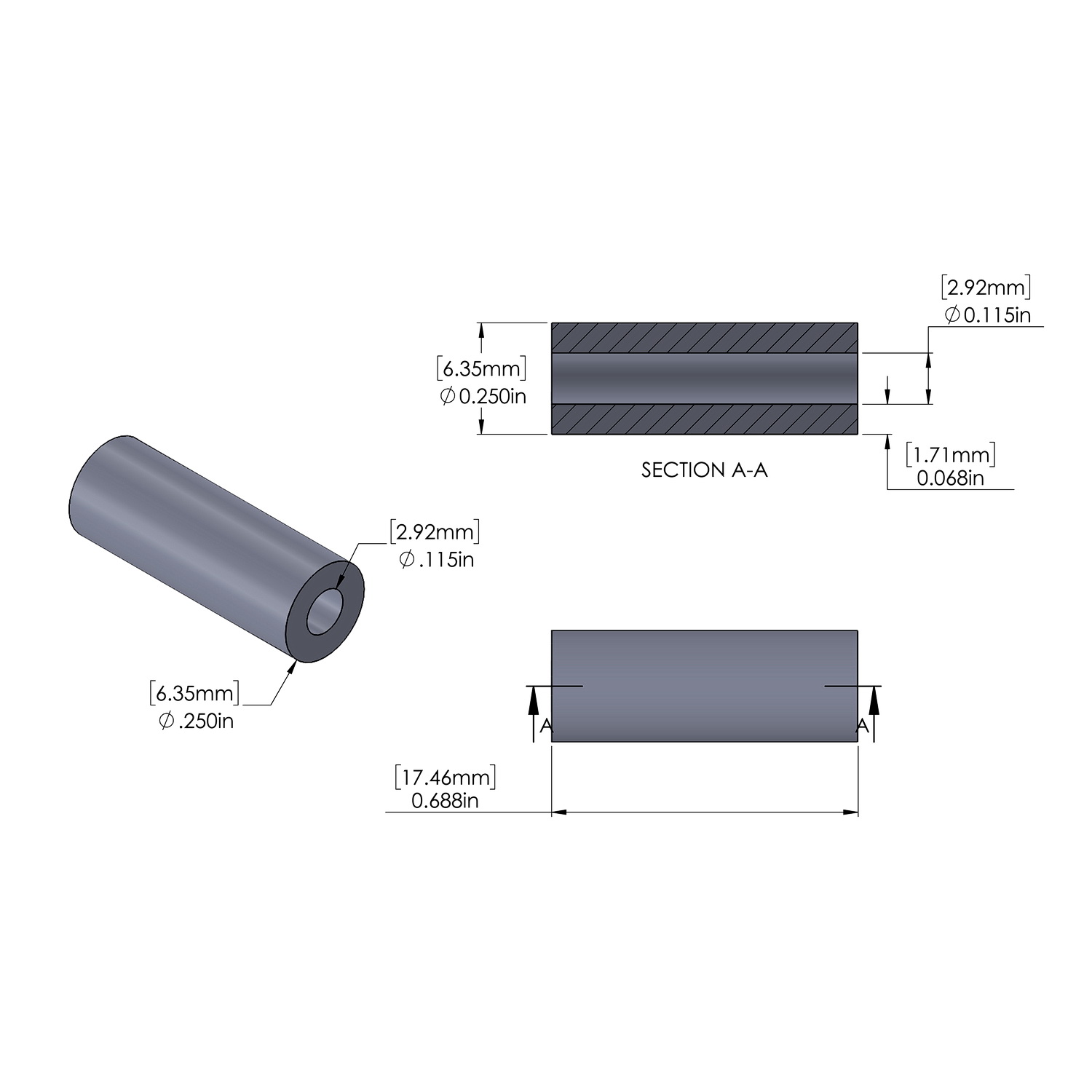 Aluminum Spacer 1/4'' OD x .115'' ID x 11/16'' Long, Plain Aluminum Finish