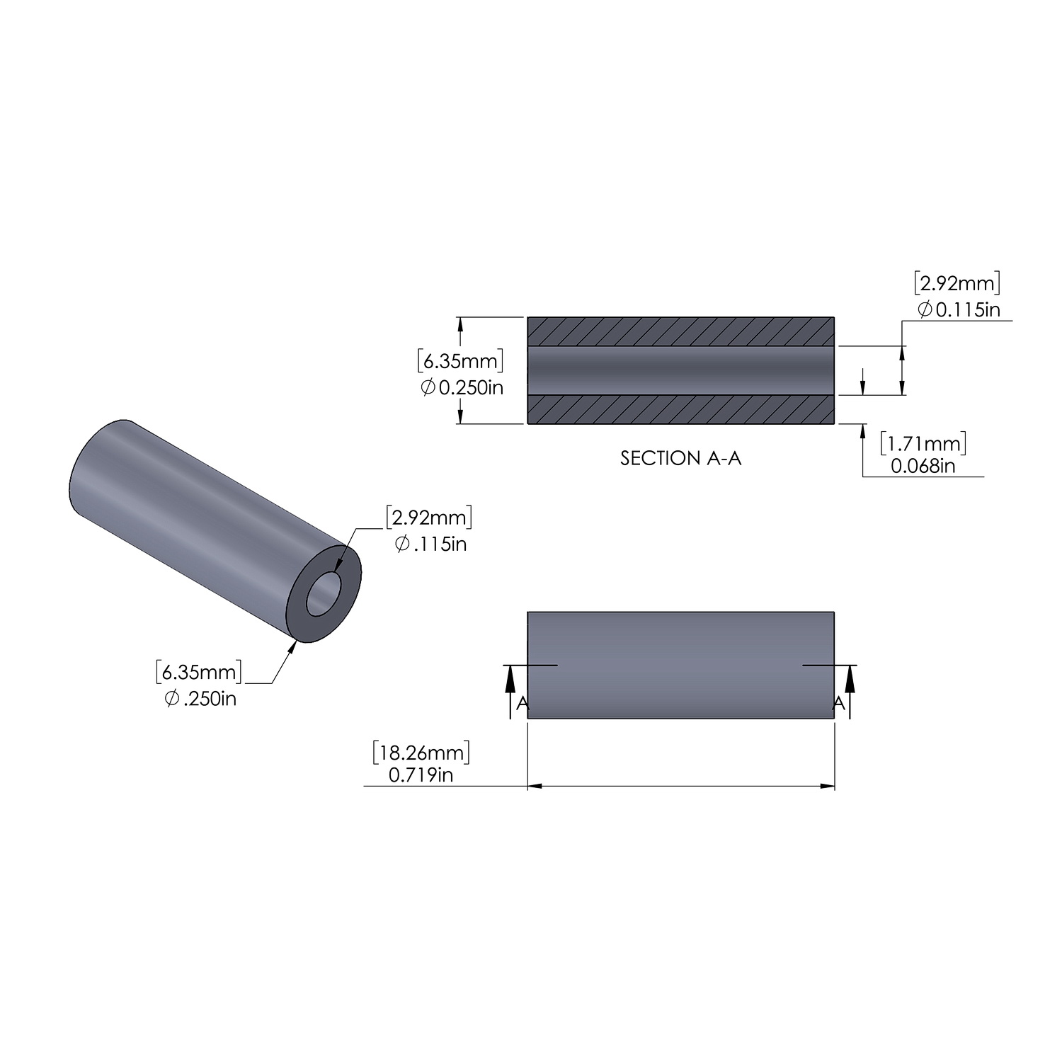 Aluminum Spacer 1/4'' OD x .115'' ID x 23/32'' Long, Plain Aluminum Finish