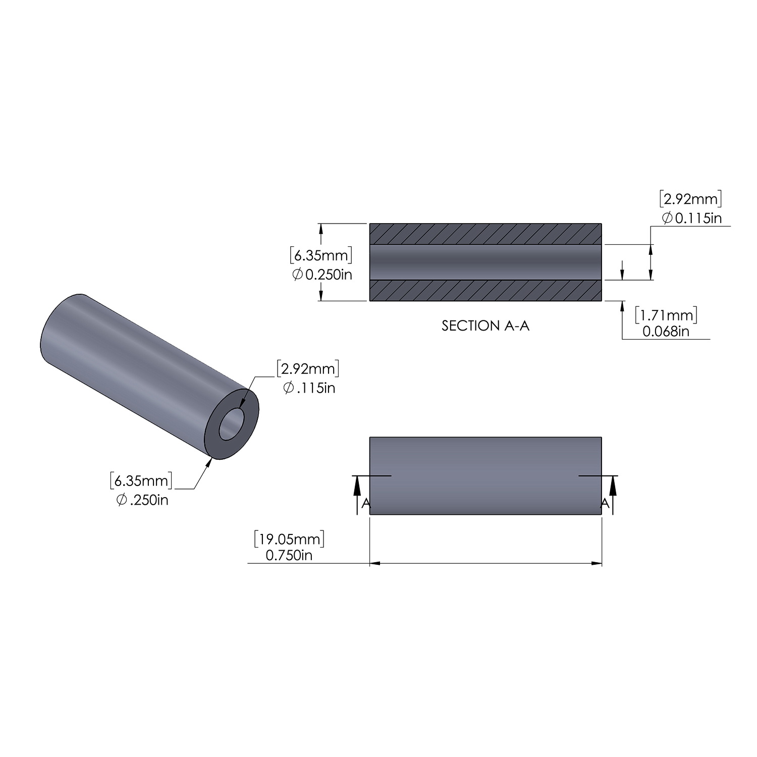 Aluminum Spacer 1/4'' OD x .115'' ID x 3/4'' Long, Black Anodized Finish