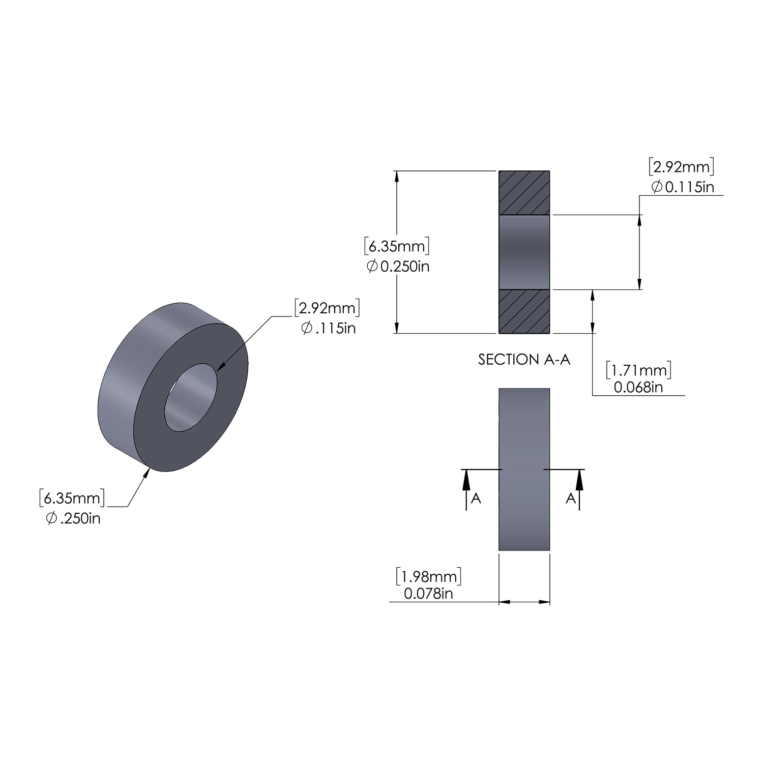 Aluminum Spacer 1/4'' OD x .115'' ID x 5/64'' Long, Plain Aluminum Finish