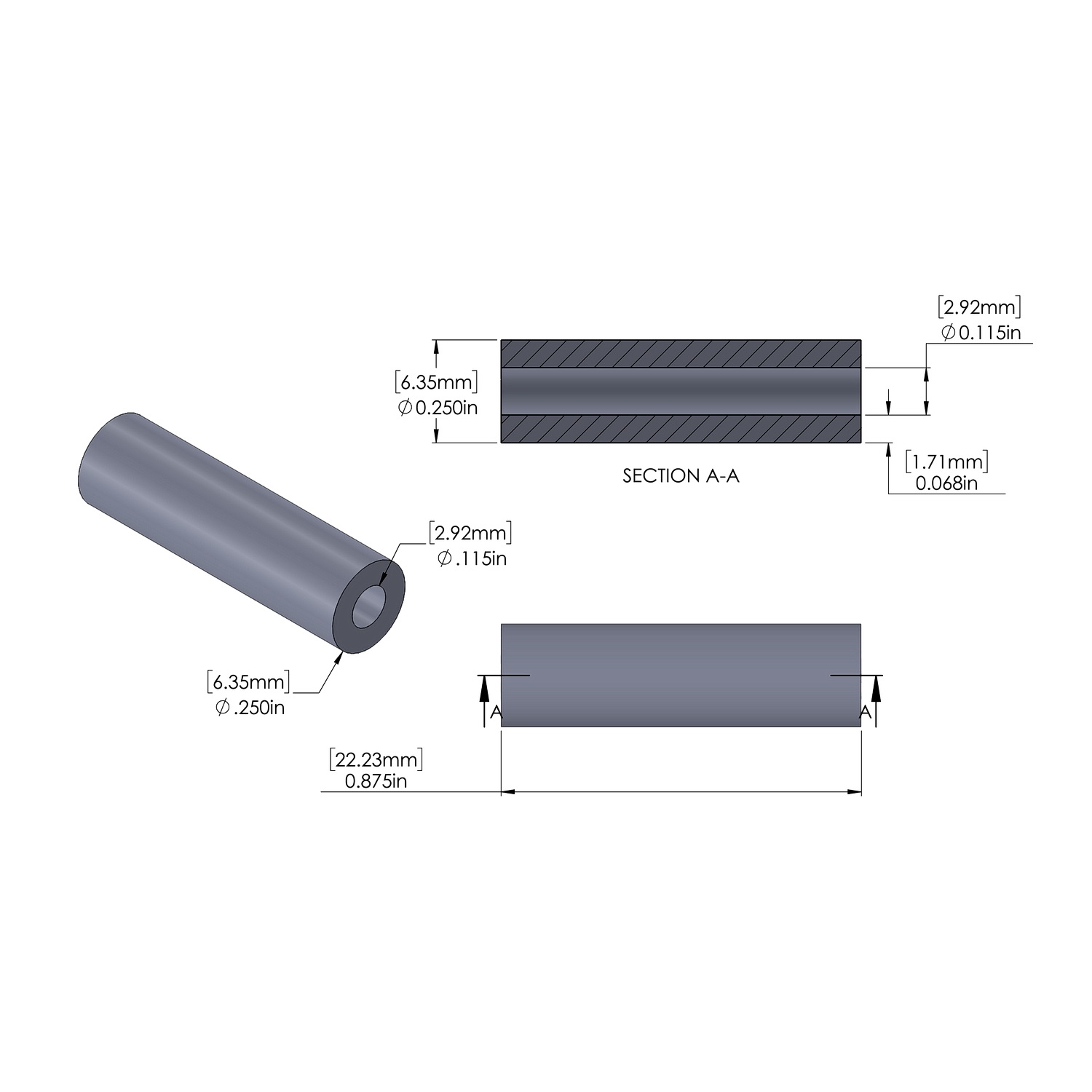 Aluminum Spacer 1/4'' OD x .115'' ID x 7/8'' Long, Plain Aluminum Finish