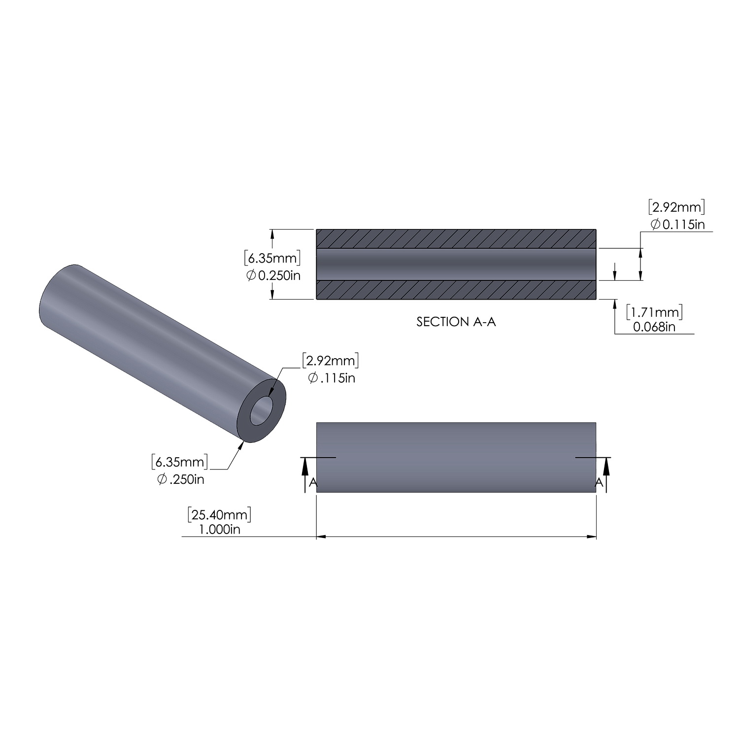Aluminum Spacer 1/4'' OD x .115'' ID x 1.000'' Long, Plain Aluminum Finish